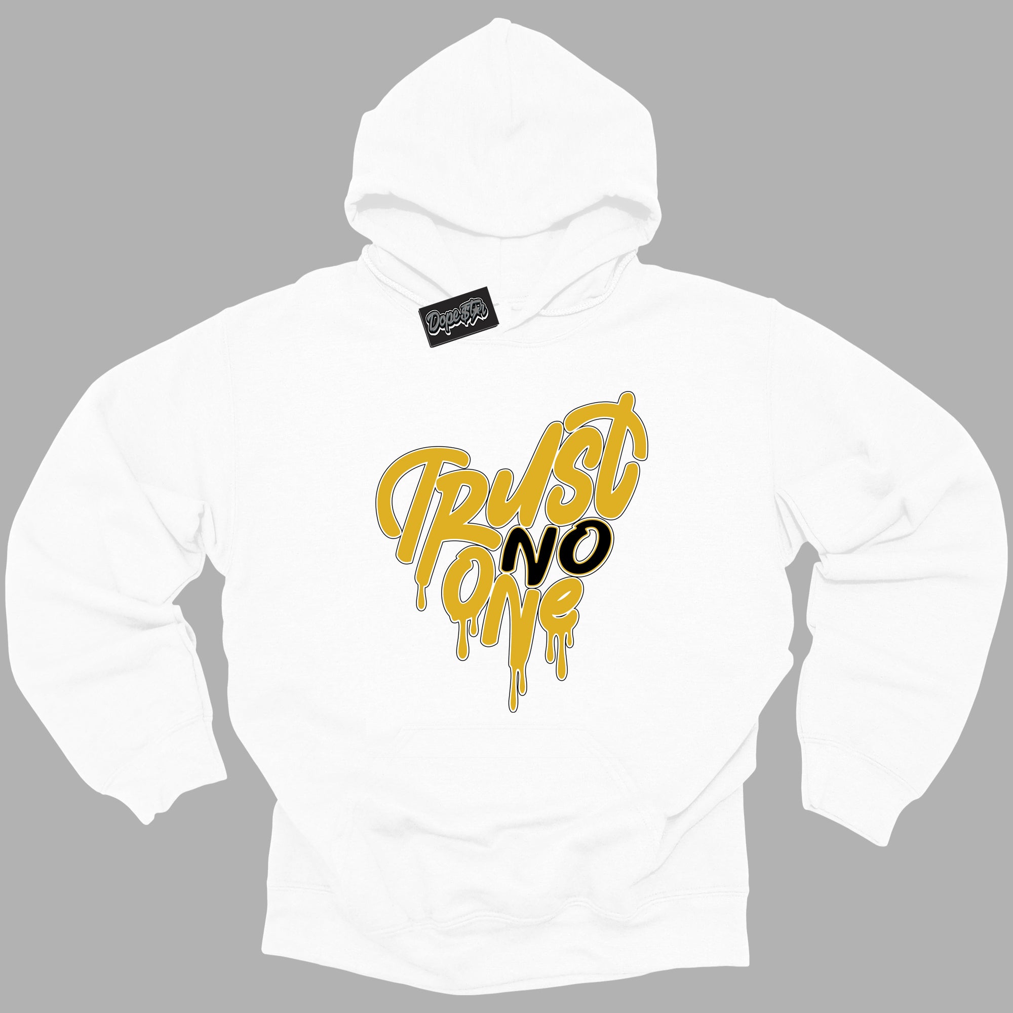 Cool White Hoodie with “ Trust No One Heart ” design that Perfectly Matches Yellow Ochre 6s Sneakers.