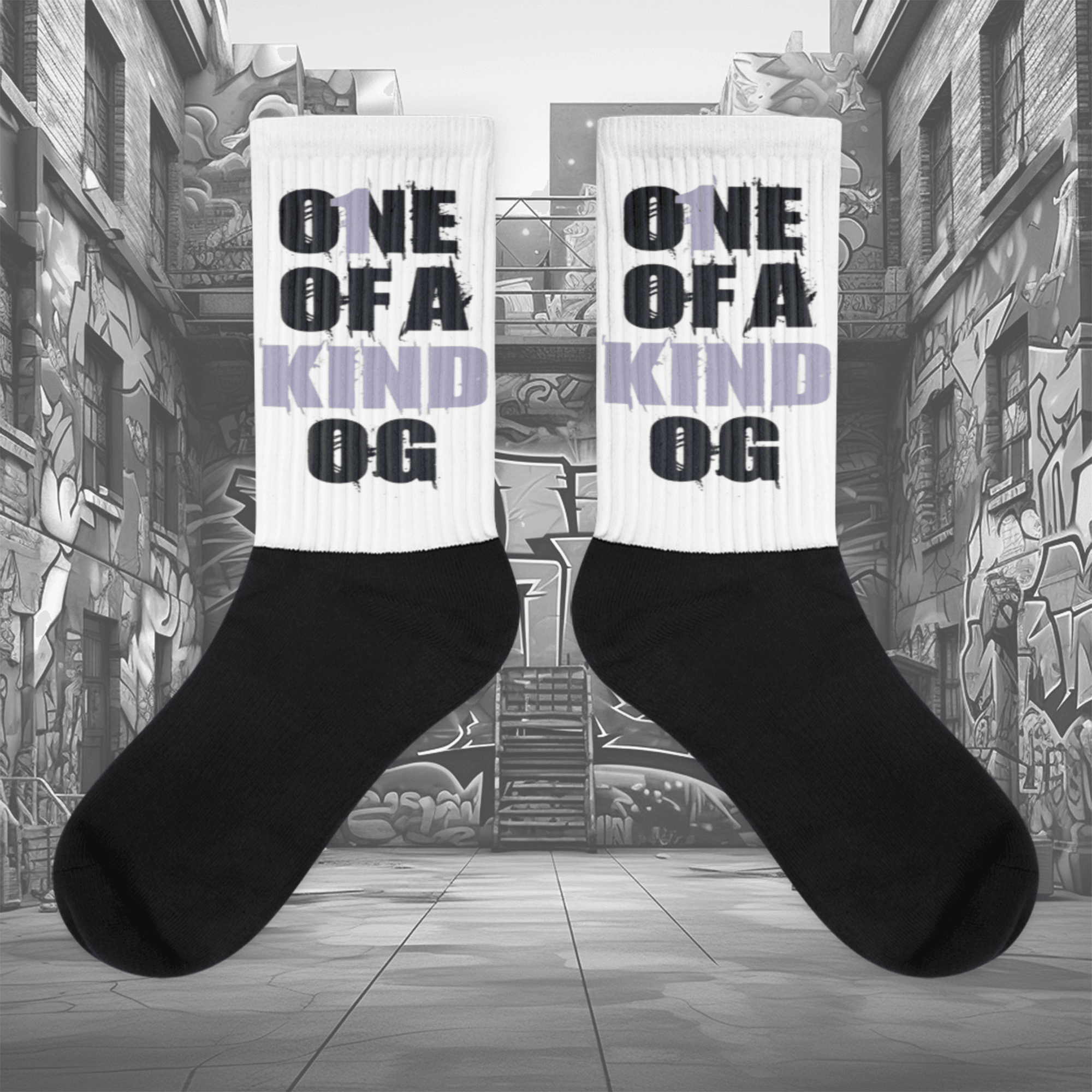 Showcases the view of the socks, highlighting the vibrant 'One Of A Kind OG' design, which perfectly complements the Air Jordan 8 Winterized sneakers. The intricate pattern and color scheme inspired by the theme are prominently displayed. Focusing on the ribbed leg , cusioned bottoms and the snug fit of the socks. This angle provides a clear view of the texture and quality of the material blend.