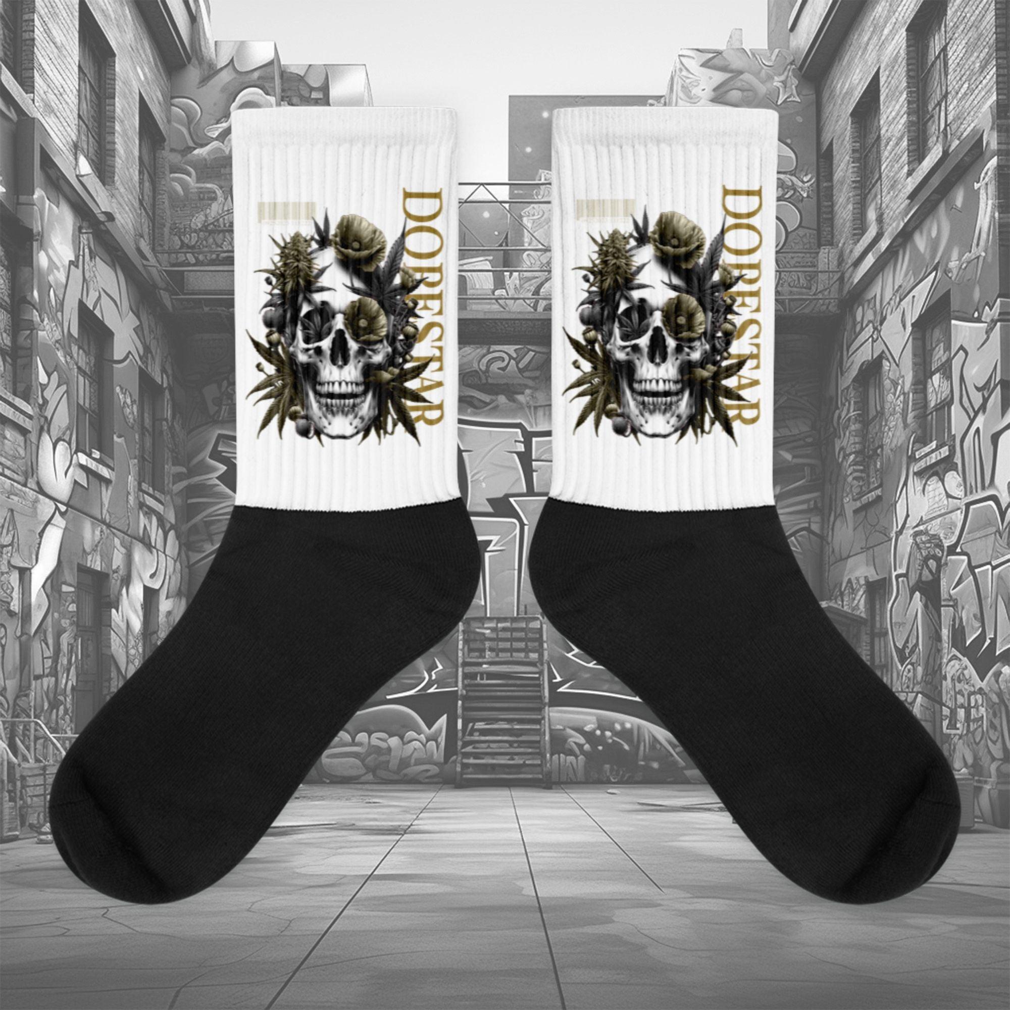 Showcases the view of the socks, highlighting the vibrant 'Skull Cannabis Poppies' design, which perfectly complements the Air Jordan 1 Retro High OG Next Chapter Spider-Verse sneakers. The intricate pattern and color scheme inspired by the Spider-Verse theme are prominently displayed. Focusing on the ribbed leg , cusioned bottoms and the snug fit of the socks. This angle provides a clear view of the texture and quality of the material blend.