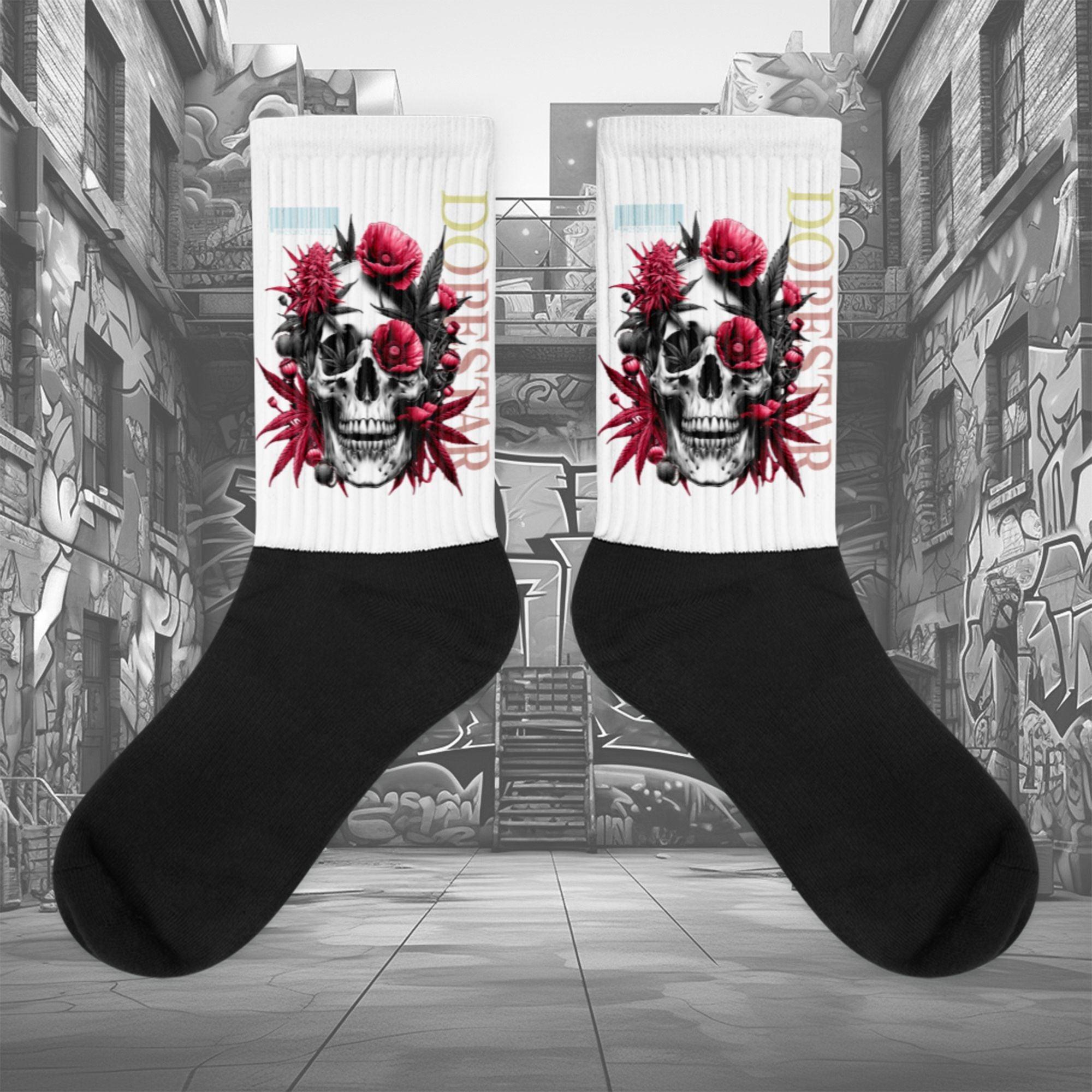 Showcases the view of the socks, highlighting the vibrant 'Skull Cannabis Poppies' design, which perfectly complements the Air Jordan 1 Retro High OG Next Chapter Spider-Verse sneakers. The intricate pattern and color scheme inspired by the Spider-Verse theme are prominently displayed. Focusing on the ribbed leg , cusioned bottoms and the snug fit of the socks. This angle provides a clear view of the texture and quality of the material blend.