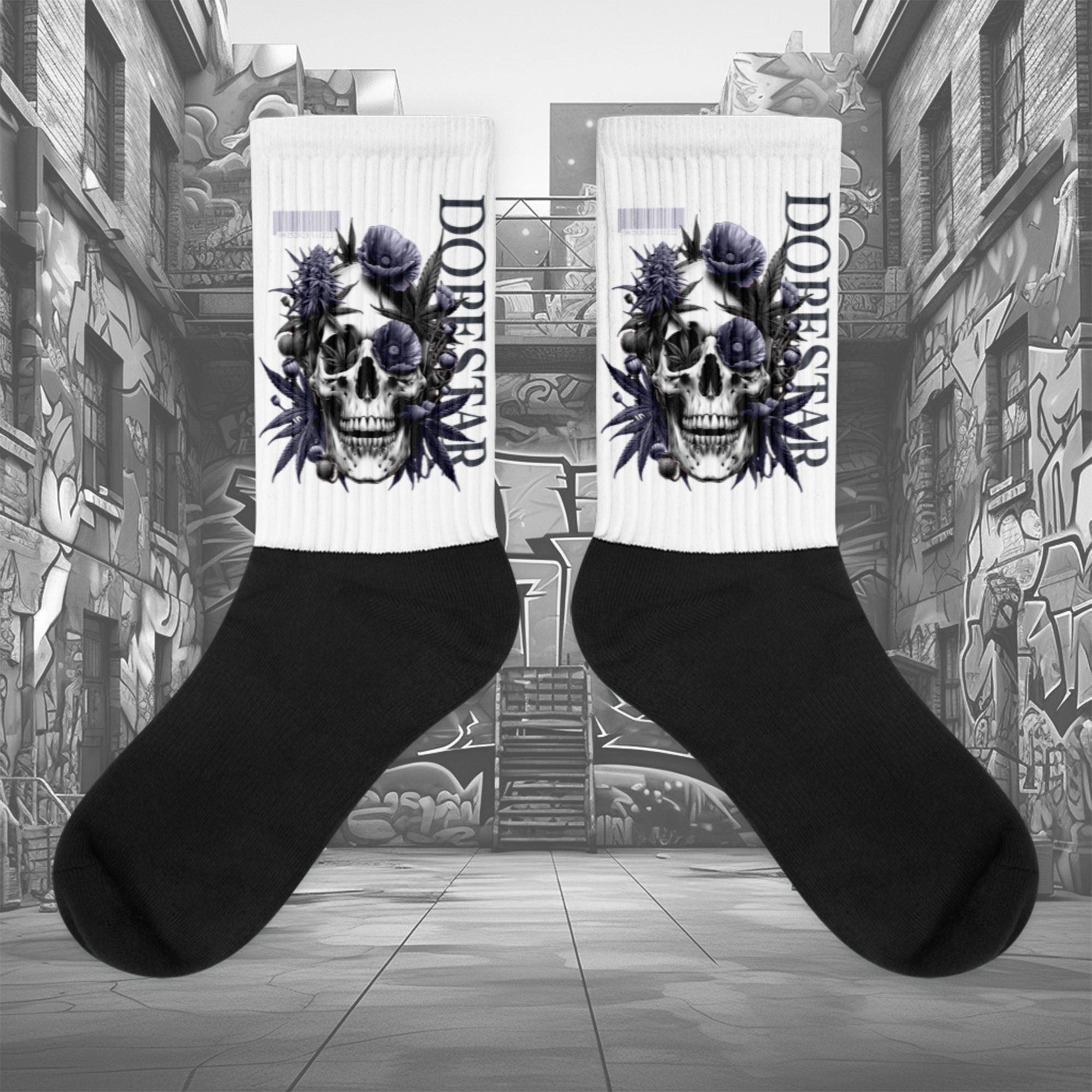 Showcases the view of the socks, highlighting the vibrant 'Skull Cannabis Poppies' design, which perfectly complements the Air Jordan 8 Winterized sneakers. The intricate pattern and color scheme inspired by the theme are prominently displayed. Focusing on the ribbed leg , cusioned bottoms and the snug fit of the socks. This angle provides a clear view of the texture and quality of the material blend.