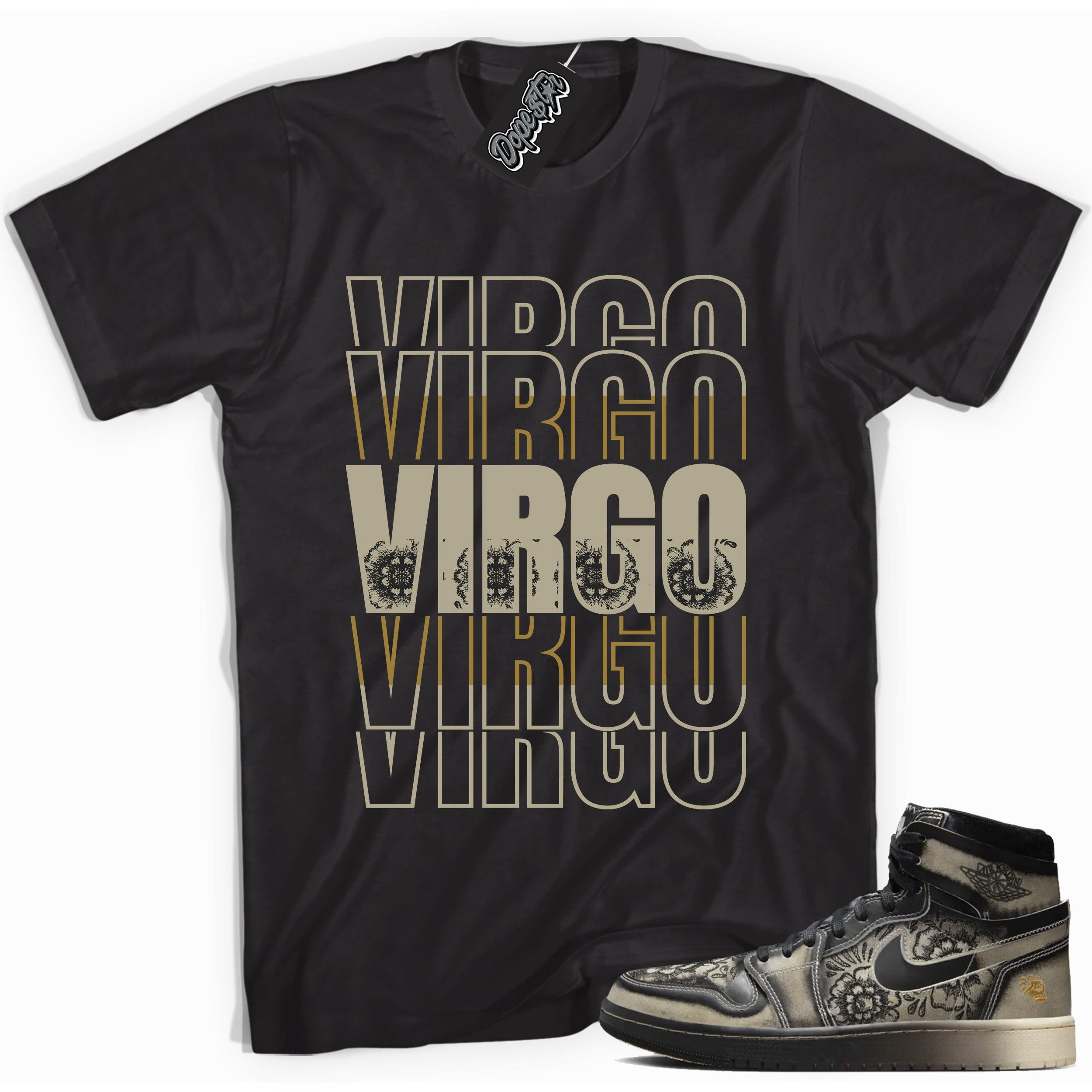 Cool Black graphic tee with “ VIRGO ” print, that perfectly matches Air Jordan 1 High Zoom Comfort 2 Dia de Muertos Black and Pale Ivory sneakers