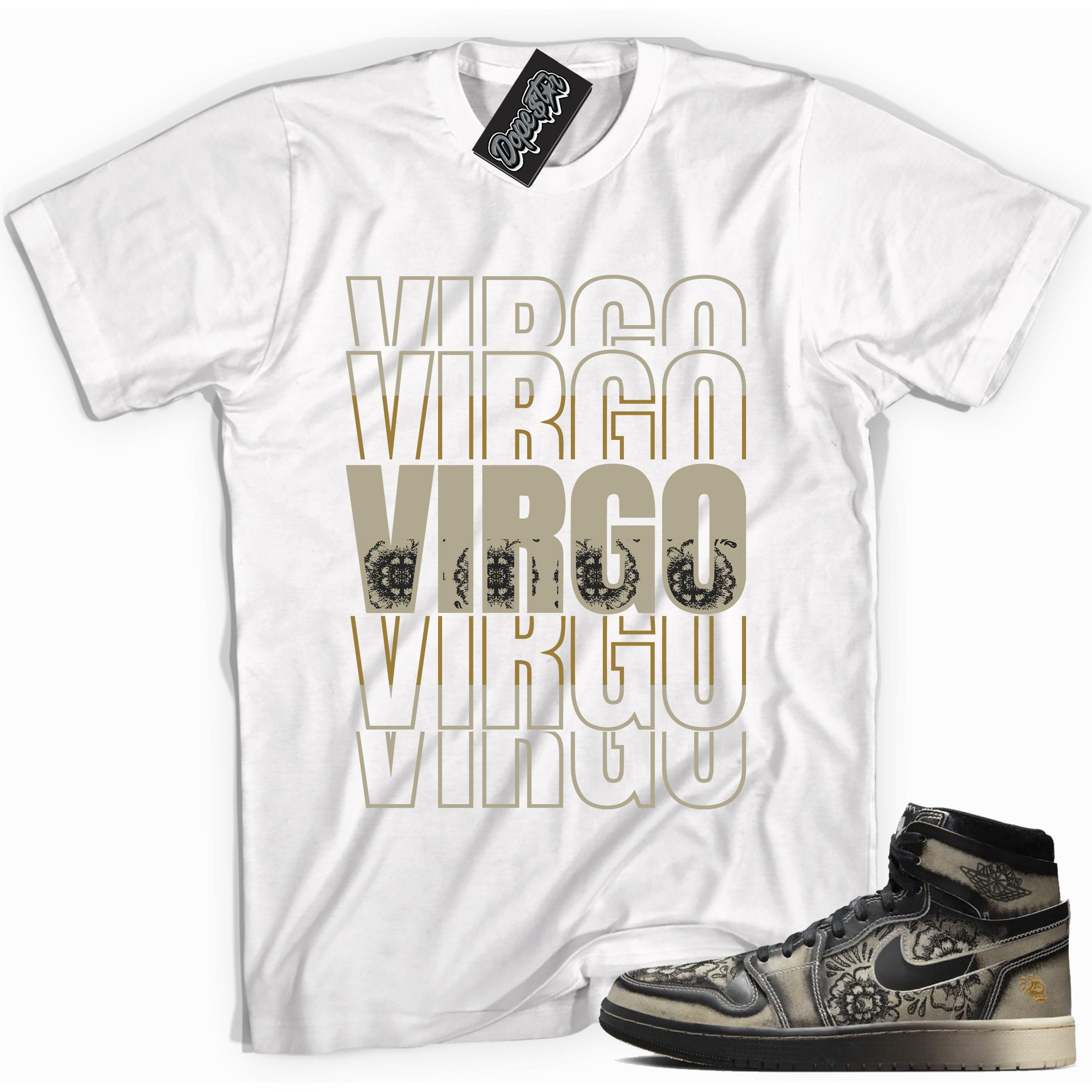 Cool White graphic tee with “ VIRGO ” print, that perfectly matches Air Jordan 1 High Zoom Comfort 2 Dia de Muertos Black and Pale Ivory sneakers