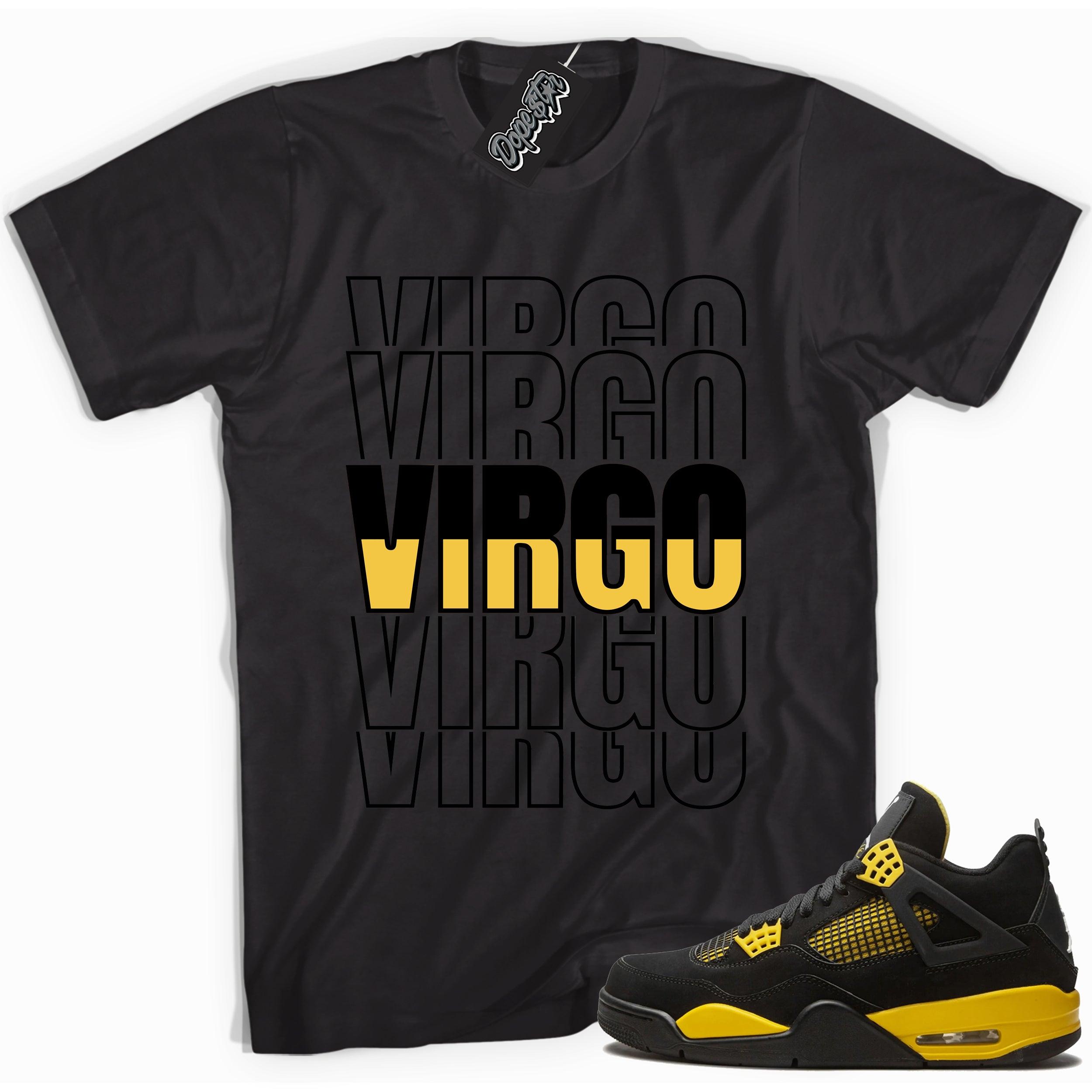 Cool black graphic tee with 'virgo' print, that perfectly matches Air Jordan 4 Thunder sneakers