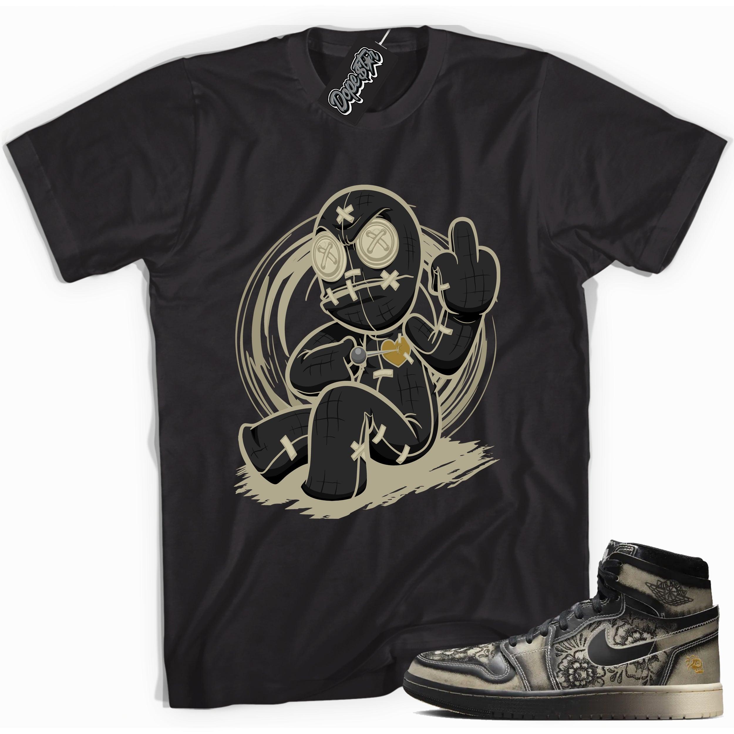 Cool Black graphic tee with “ VooDoo Doll ” print, that perfectly matches Air Jordan 1 High Zoom Comfort 2 Dia de Muertos Black and Pale Ivory sneakers