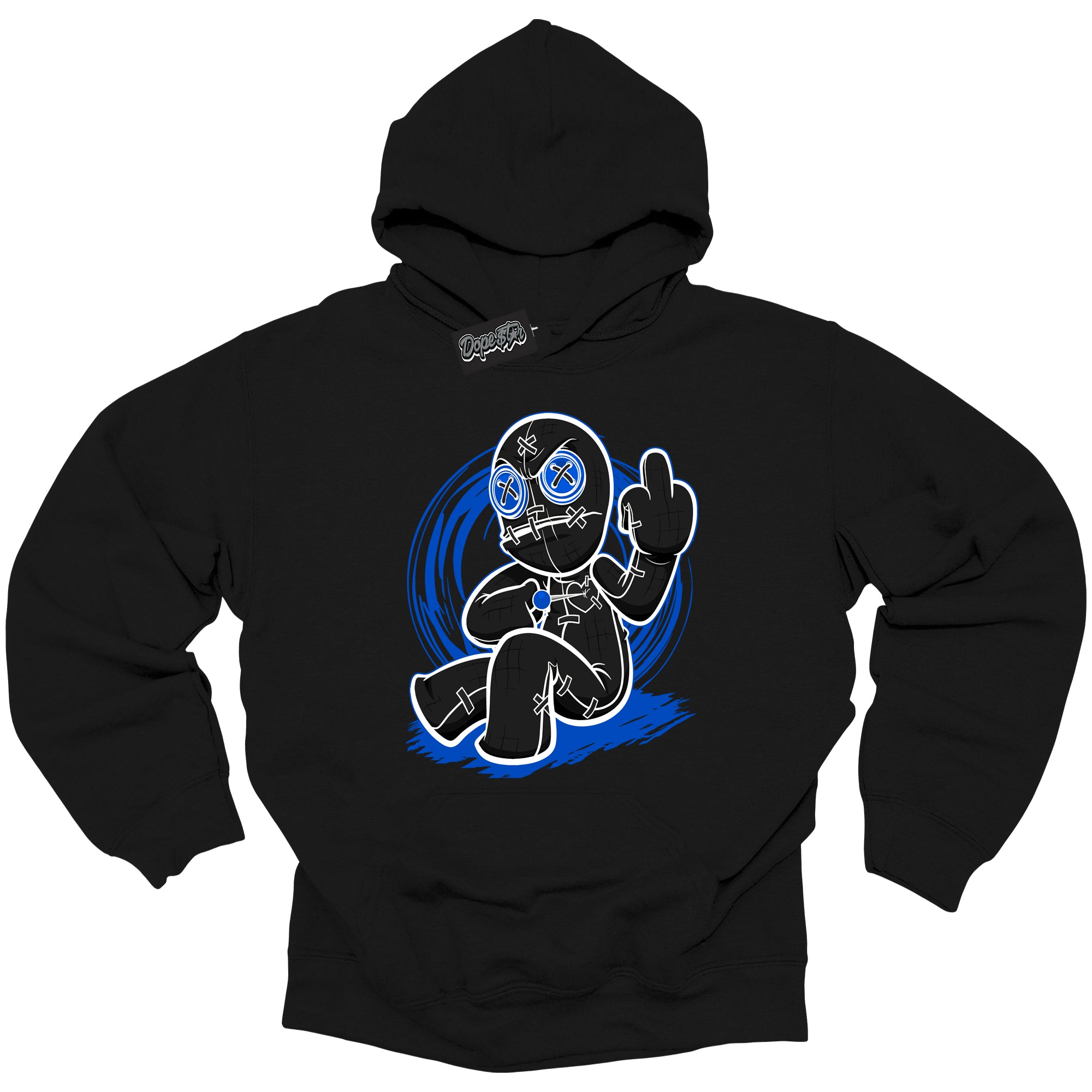 Cool Black Hoodie with “ Voodoo Doll ” design that Perfectly Matches Royal Reimagined 1s Sneakers.