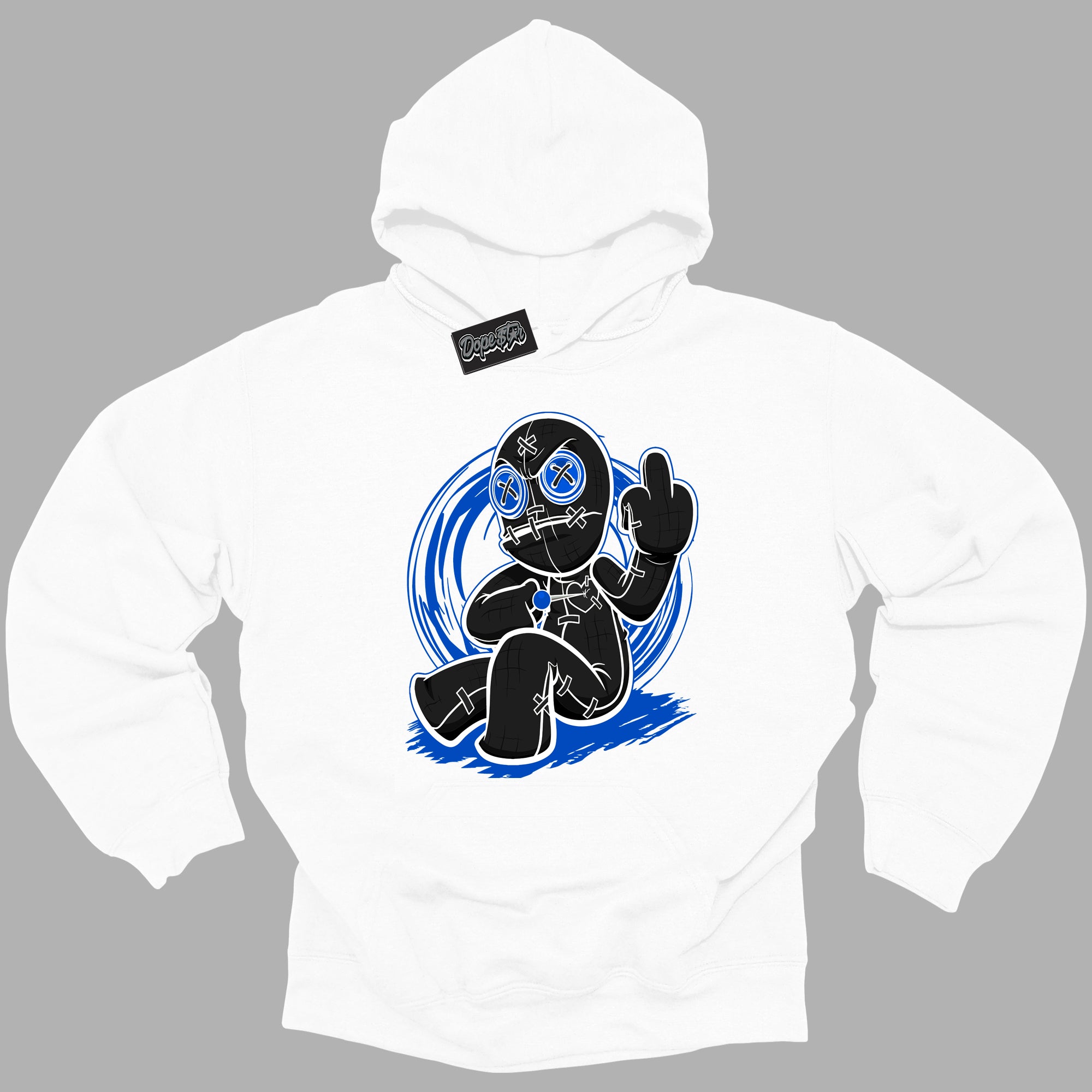 Cool White Hoodie with “ Voodoo Doll ” design that Perfectly Matches Royal Reimagined 1s Sneakers.