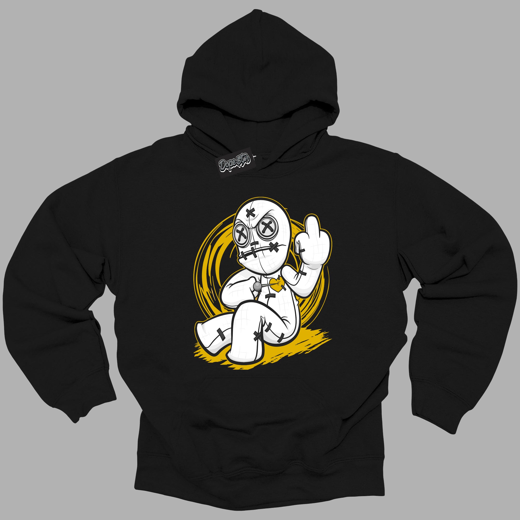 Cool Black Hoodie with “ VooDoo Doll ” design that Perfectly Matches Yellow Ochre 6s Sneakers.
