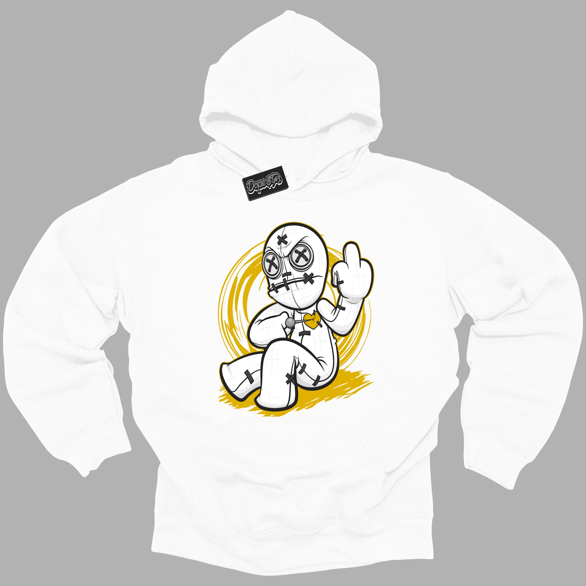 Cool White Hoodie with “ VooDoo Doll ” design that Perfectly Matches Yellow Ochre 6s Sneakers.