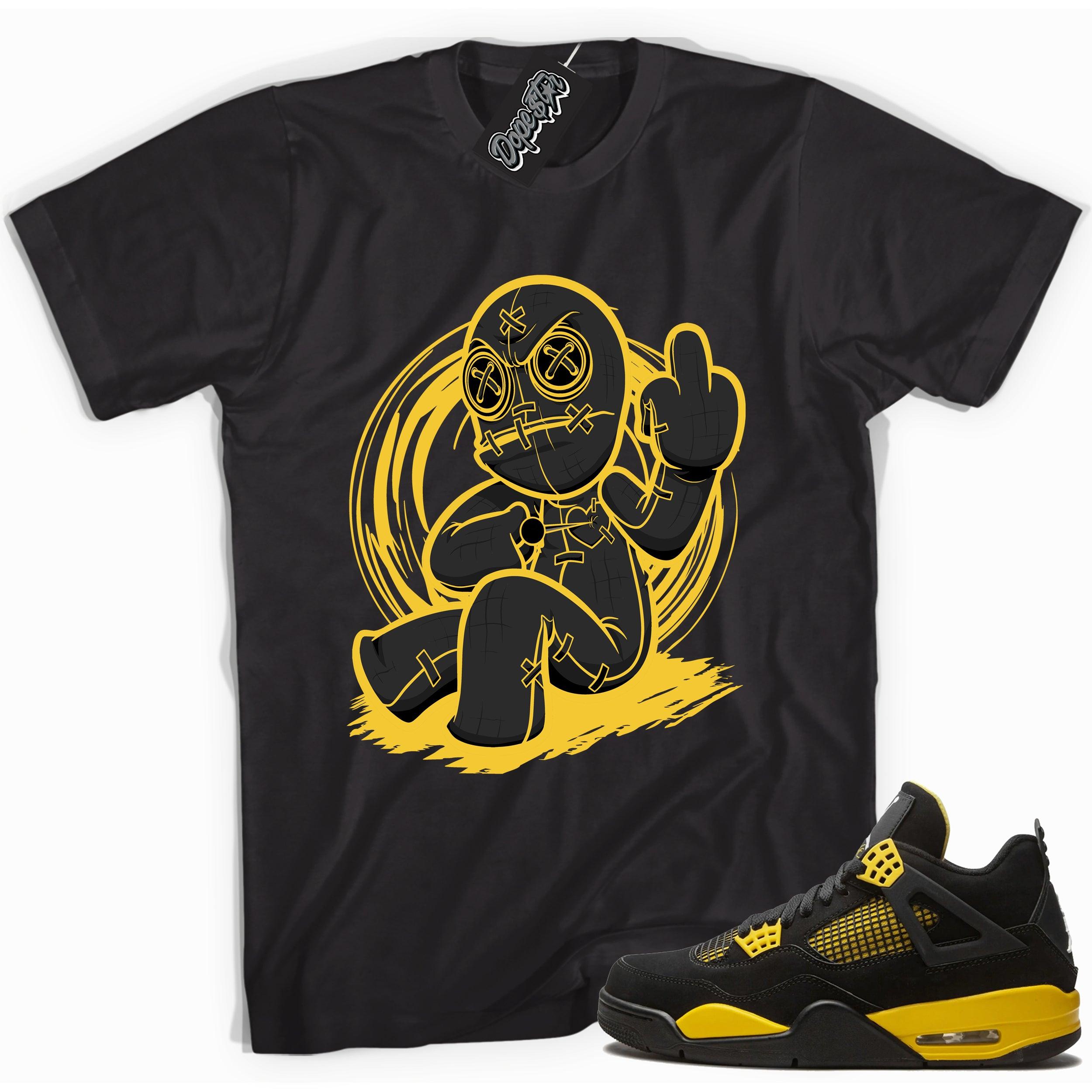Cool black graphic tee with 'voodoo doll' print, that perfectly matches Air Jordan 4 Thunder sneakers