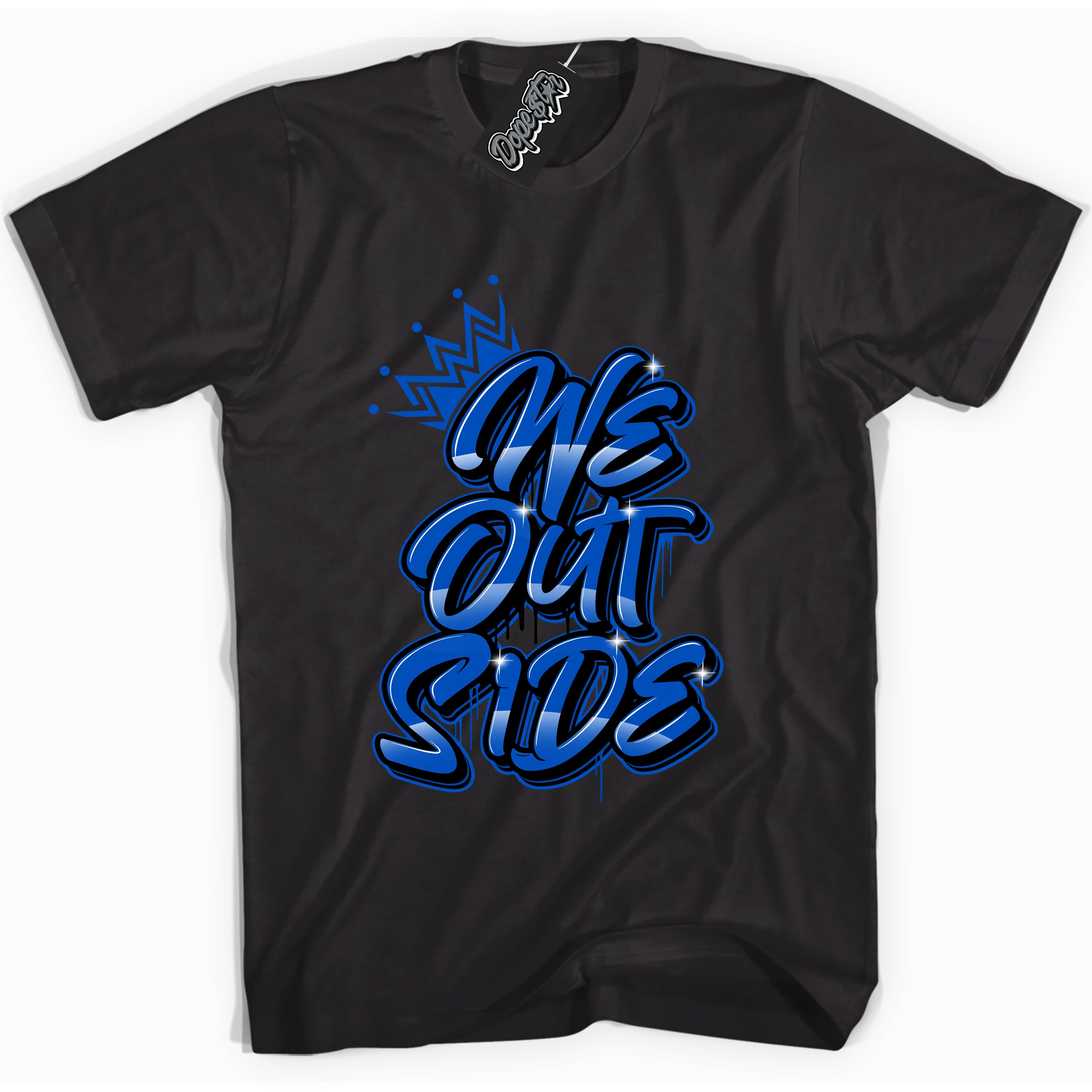 Cool Black graphic tee with "We Outside" design, that perfectly matches Royal Reimagined 1s sneakers