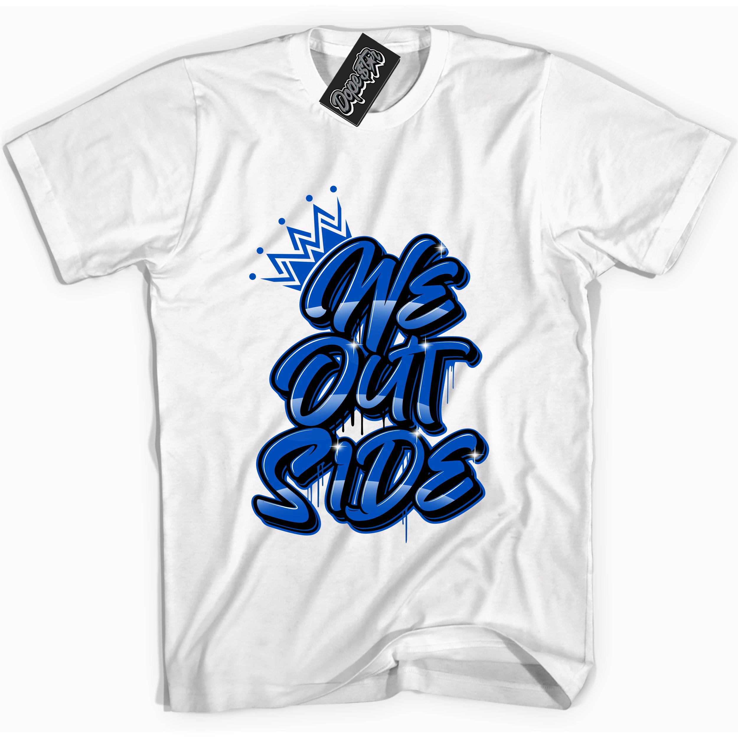 Cool White graphic tee with "We Outside" design, that perfectly matches Royal Reimagined 1s sneakers