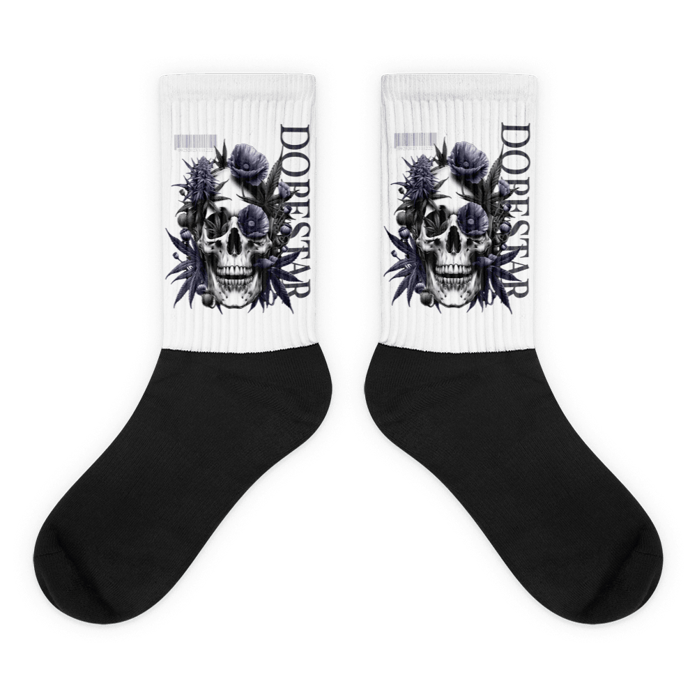 Showcases the view of the socks, highlighting the vibrant 'Skull Cannabis Poppies' design, which perfectly complements the Air Jordan 8 Winterized sneakers. The intricate pattern and color scheme inspired by the theme are prominently displayed. Focusing on the ribbed leg , cusioned bottoms and the snug fit of the socks. This angle provides a clear view of the texture and quality of the material blend.