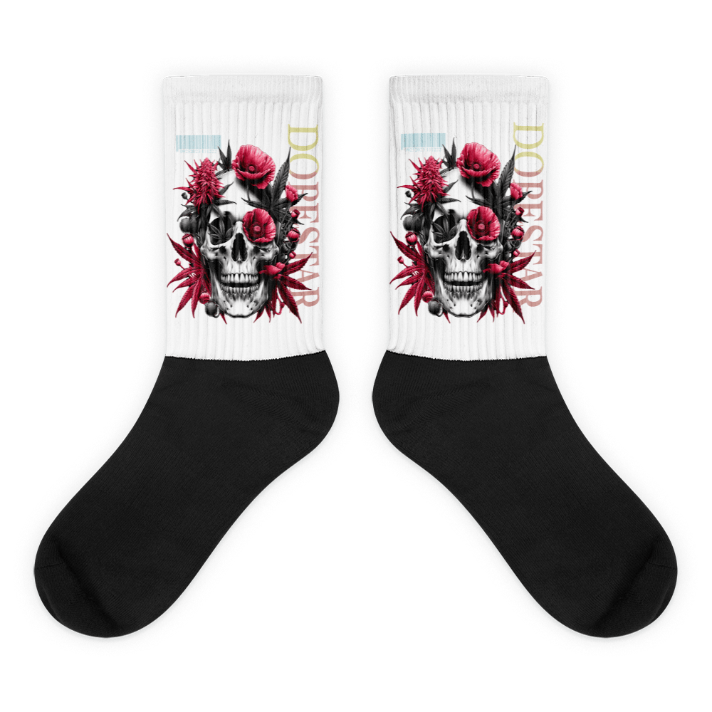 Showcases the view of the socks, highlighting the vibrant 'Skull Cannabis Poppies' design, which perfectly complements the Air Jordan 1 Retro High OG Next Chapter Spider-Verse sneakers. The intricate pattern and color scheme inspired by the Spider-Verse theme are prominently displayed. Focusing on the ribbed leg , cusioned bottoms and the snug fit of the socks. This angle provides a clear view of the texture and quality of the material blend.