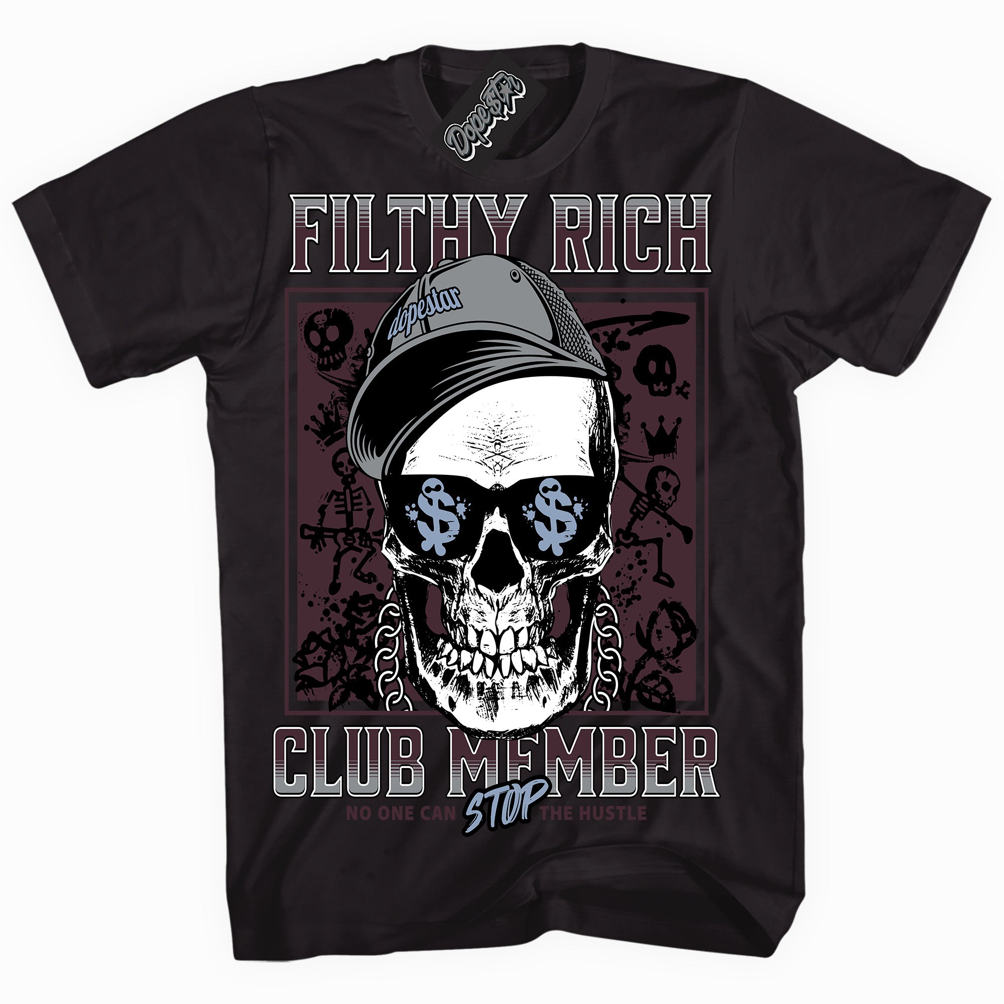 Cool Black graphic tee with “ Filthy Rich ” print, that perfectly matches Burgundy 5s sneakers