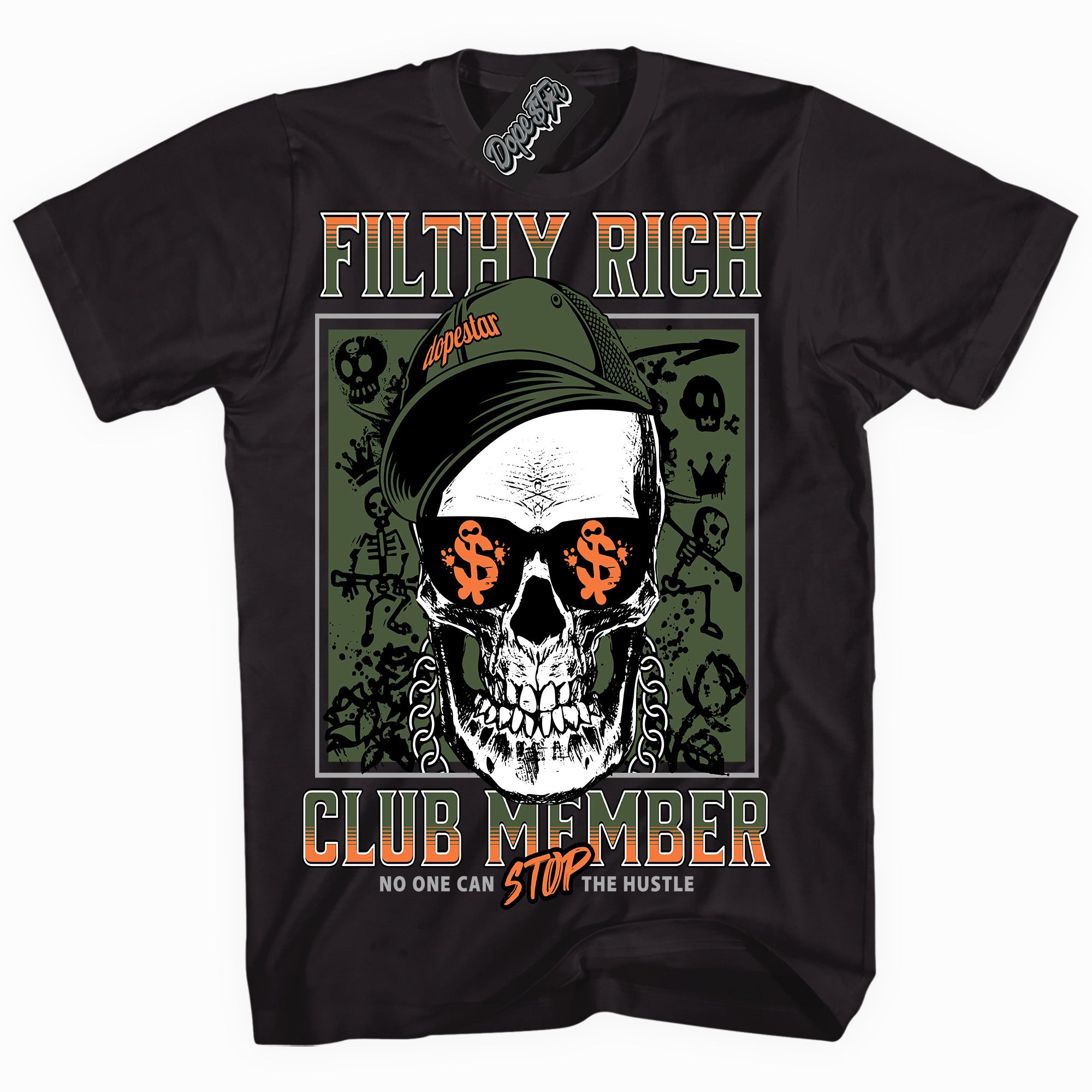 Cool Black graphic tee with “ Filthy Rich ” print, that perfectly matches Olive 5s sneakers