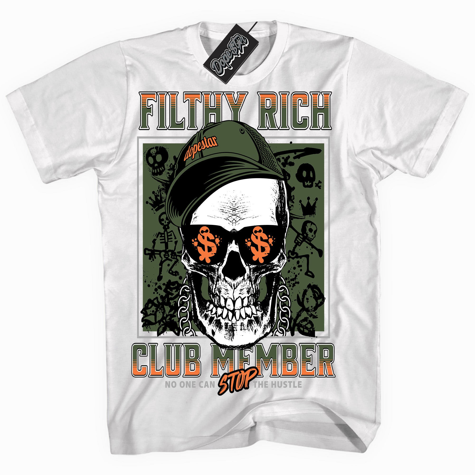 Cool White graphic tee with “ Filthy Rich ” print, that perfectly matches Olive 5s sneakers