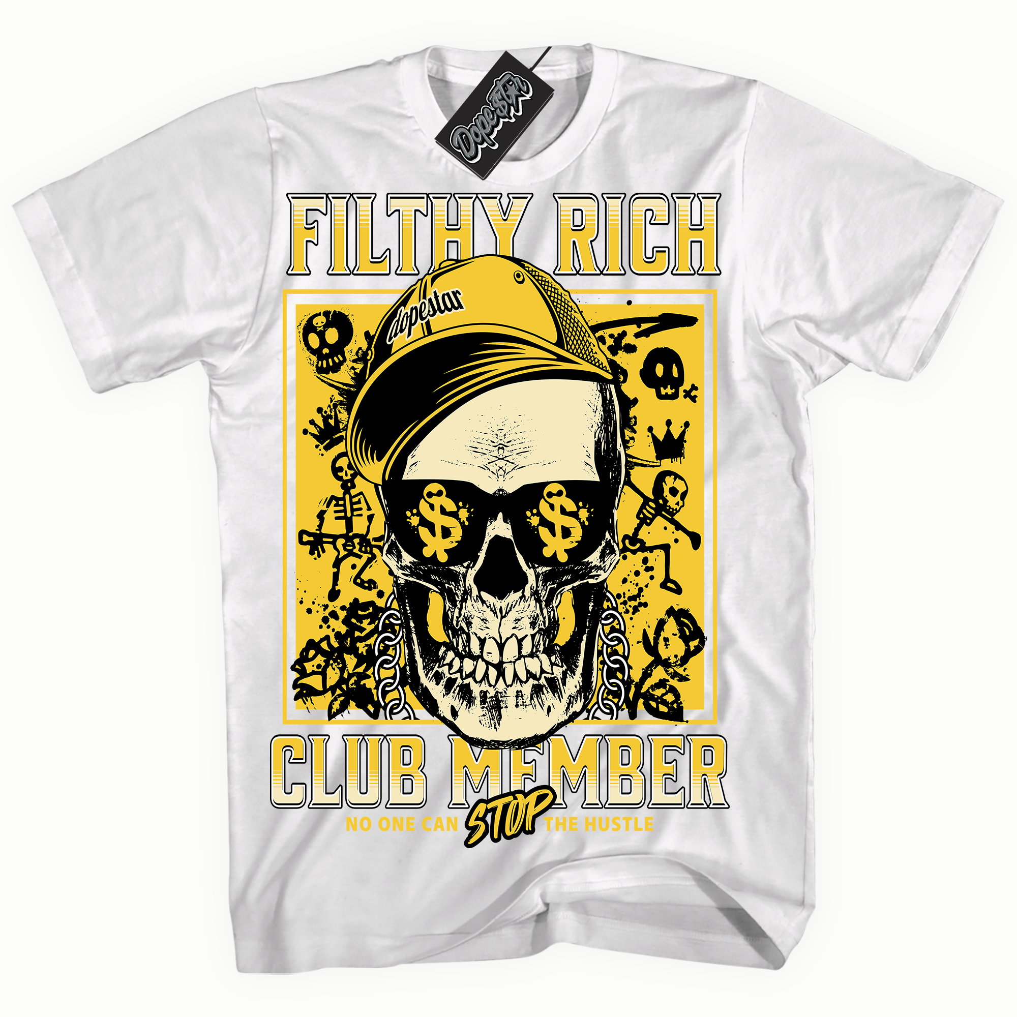 Cool White Shirt With Filthy Rich design That Perfectly Matches YELLOW THUNDER 4s Sneakers.