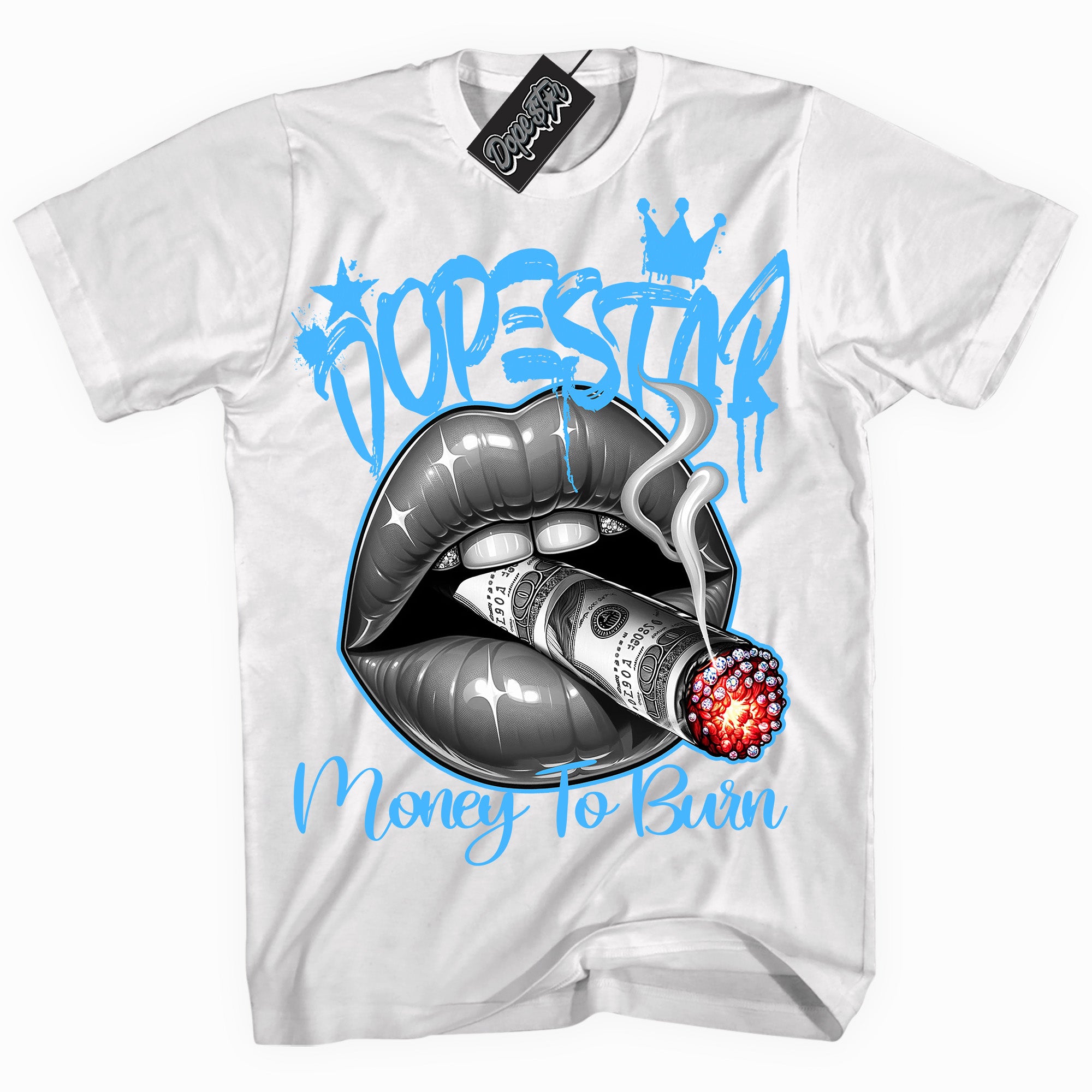 Cool White graphic tee with “ Money To Burn ” design, that perfectly matches Powder Blue 9s sneakers