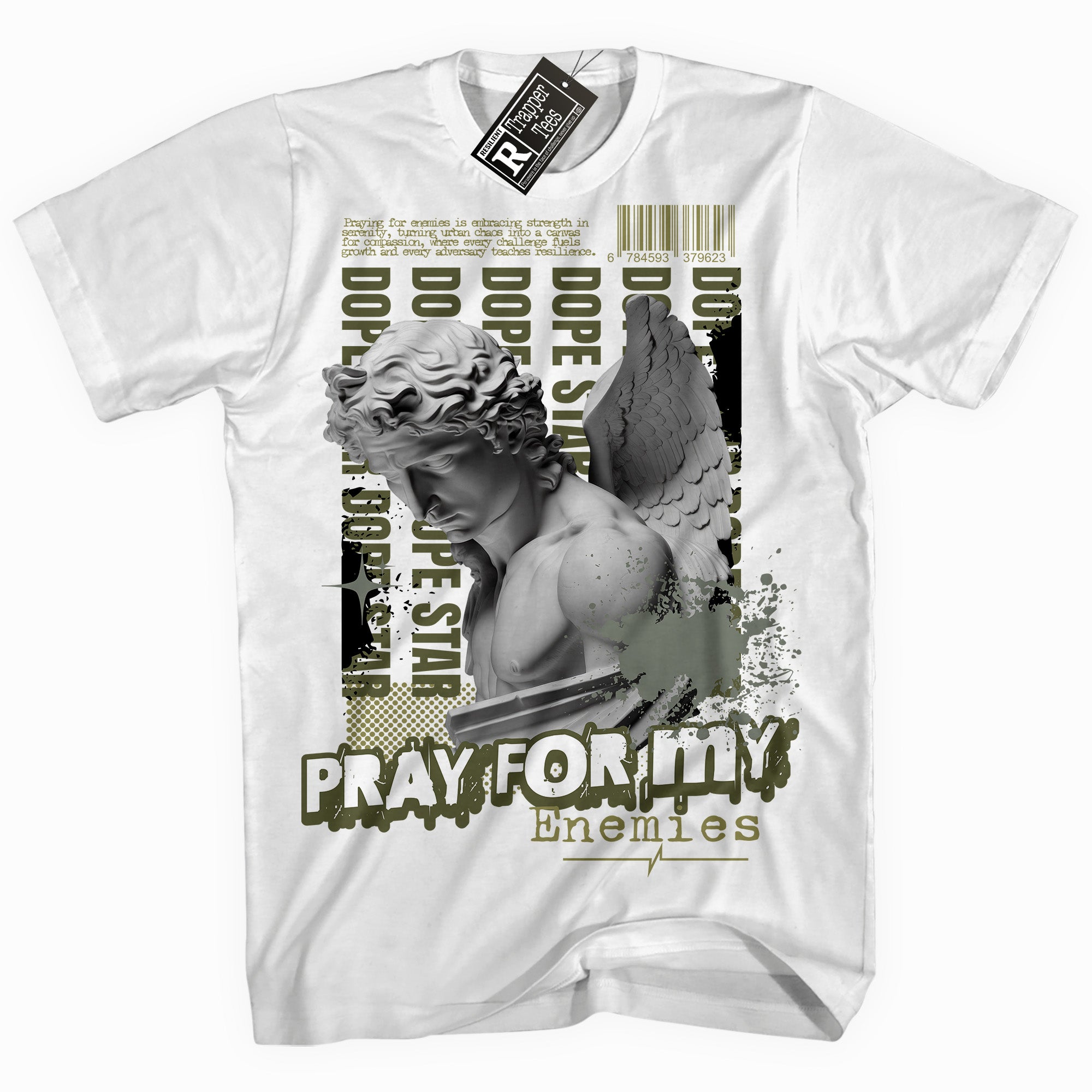 Cool White graphic tee with “ Pray Enemies ” print, that perfectly matches Craft Olive 4s sneakers