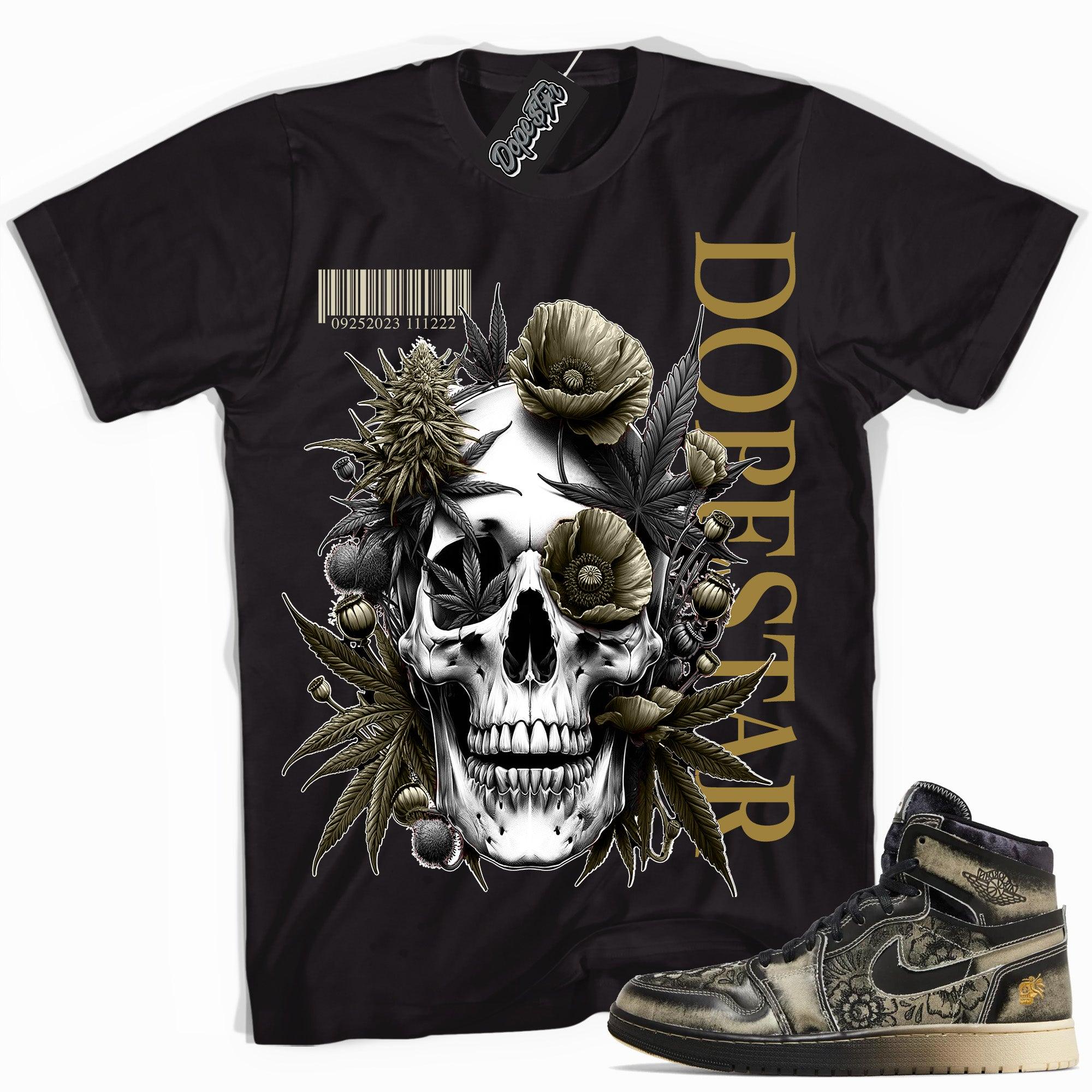 Cool Black graphic tee with “ Skull Cannabis Poppies ” print, that perfectly matches Air Jordan 1 High Zoom Comfort 2 Dia de Muertos Black and Pale Ivory sneakers