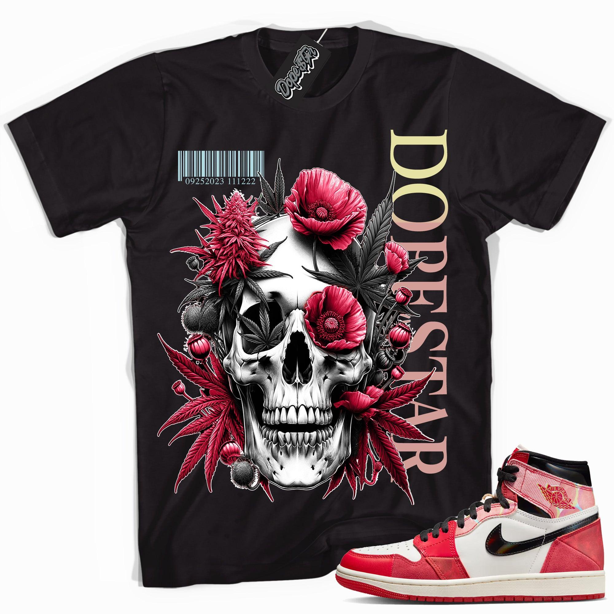 Cool Black graphic tee with “ Skull Cannabis Poppies ” print, that perfectly matches AIR JORDAN 1 Retro High OG NEXT CHAPTER SPIDER-VERSE sneakers