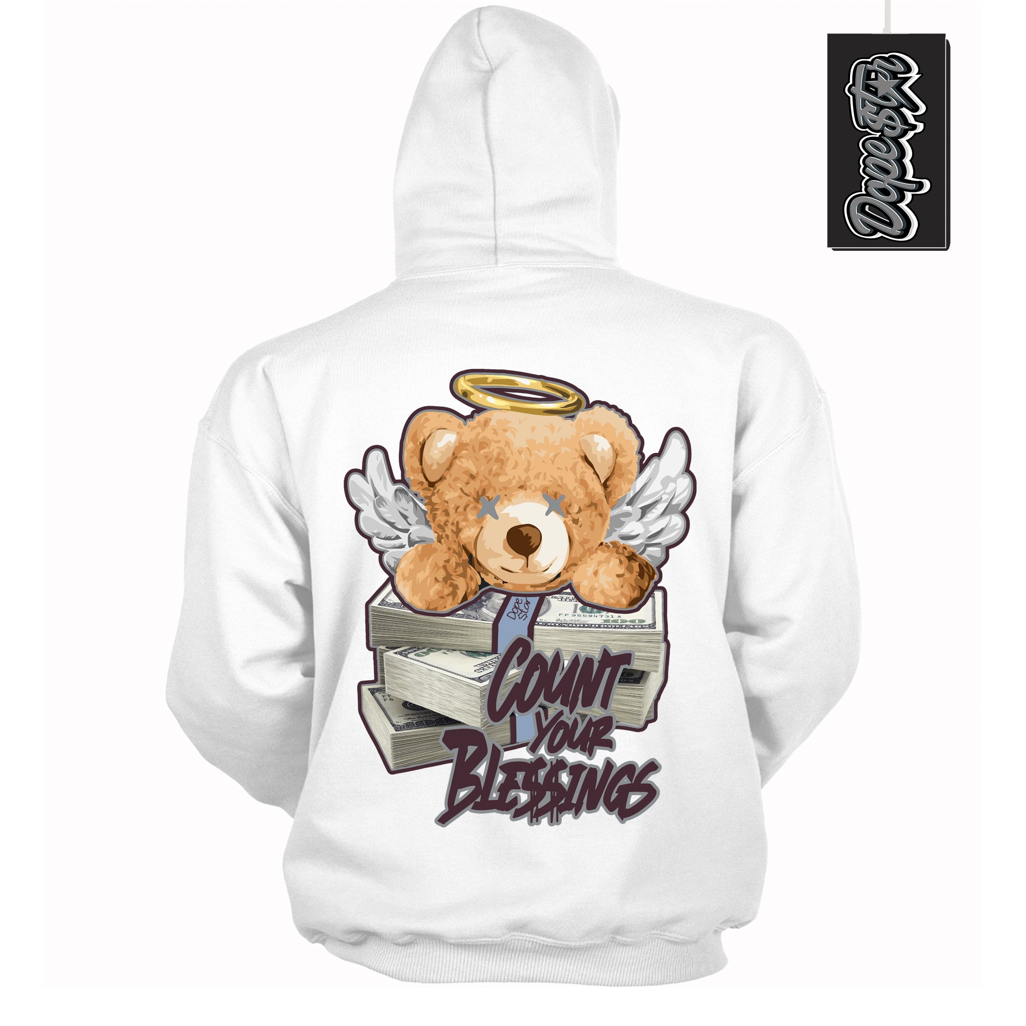 Cool White Hoodie with “ Count Your Blessings ” design that Perfectly Matches Burgundy 5s Sneakers.