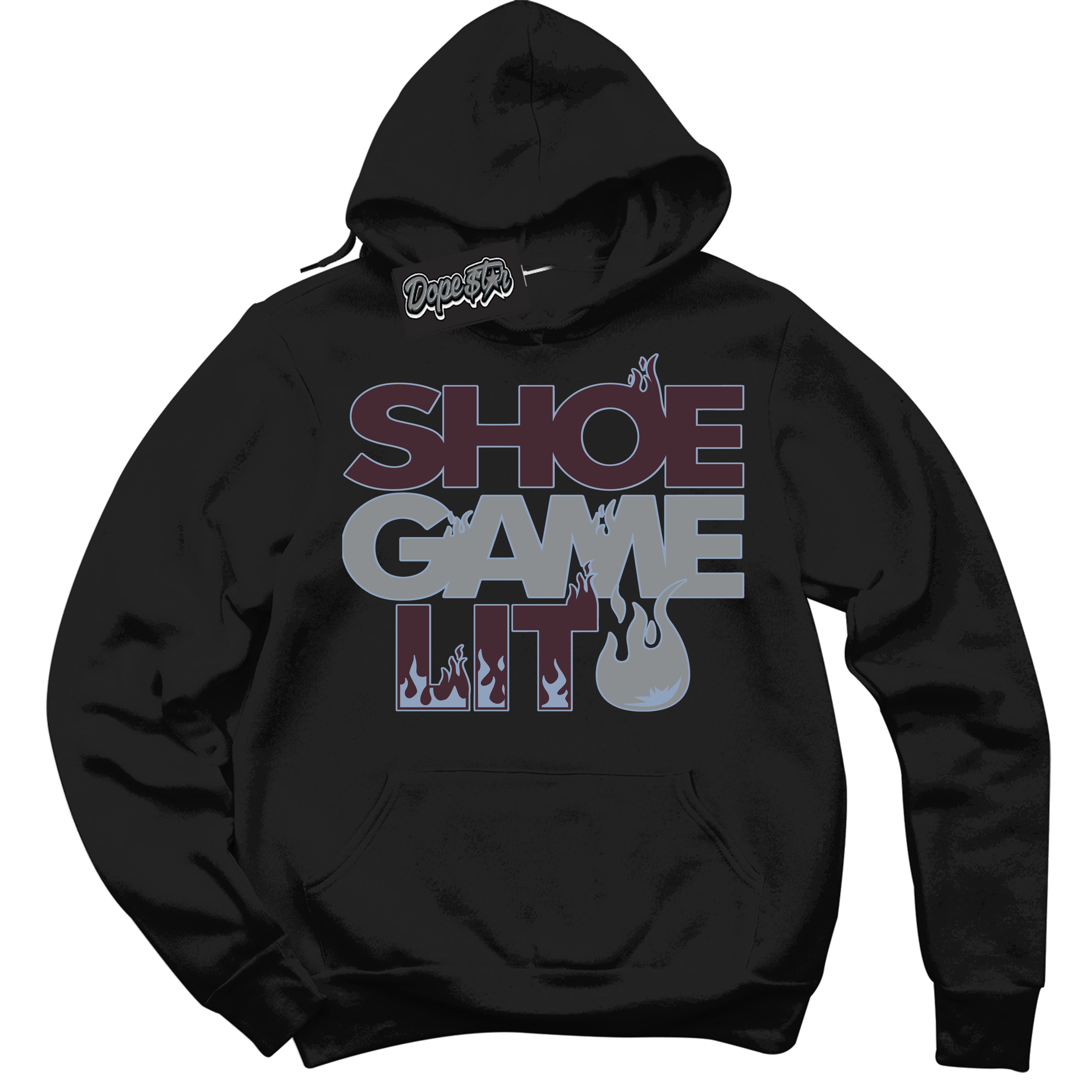 Cool Black Hoodie with “ Shoe Game Lit '' design that Perfectly Matches Burgundy 5s Sneakers.