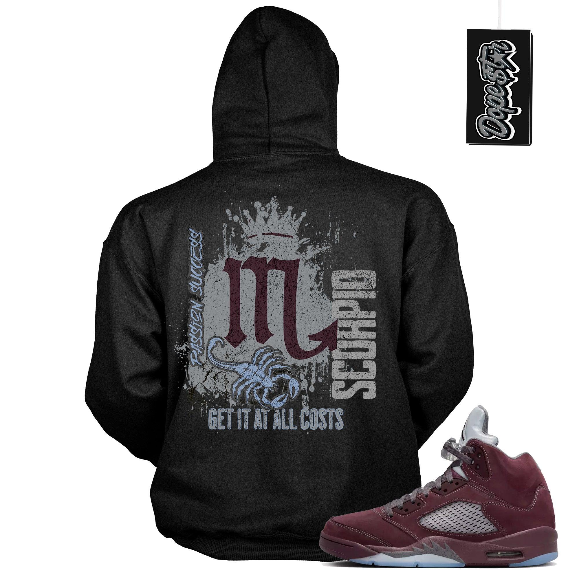 Cool Black Graphic Hoodie with “ Scorpio “ print, that perfectly matches Air Jordan 5 Burgundy 2023 sneakers