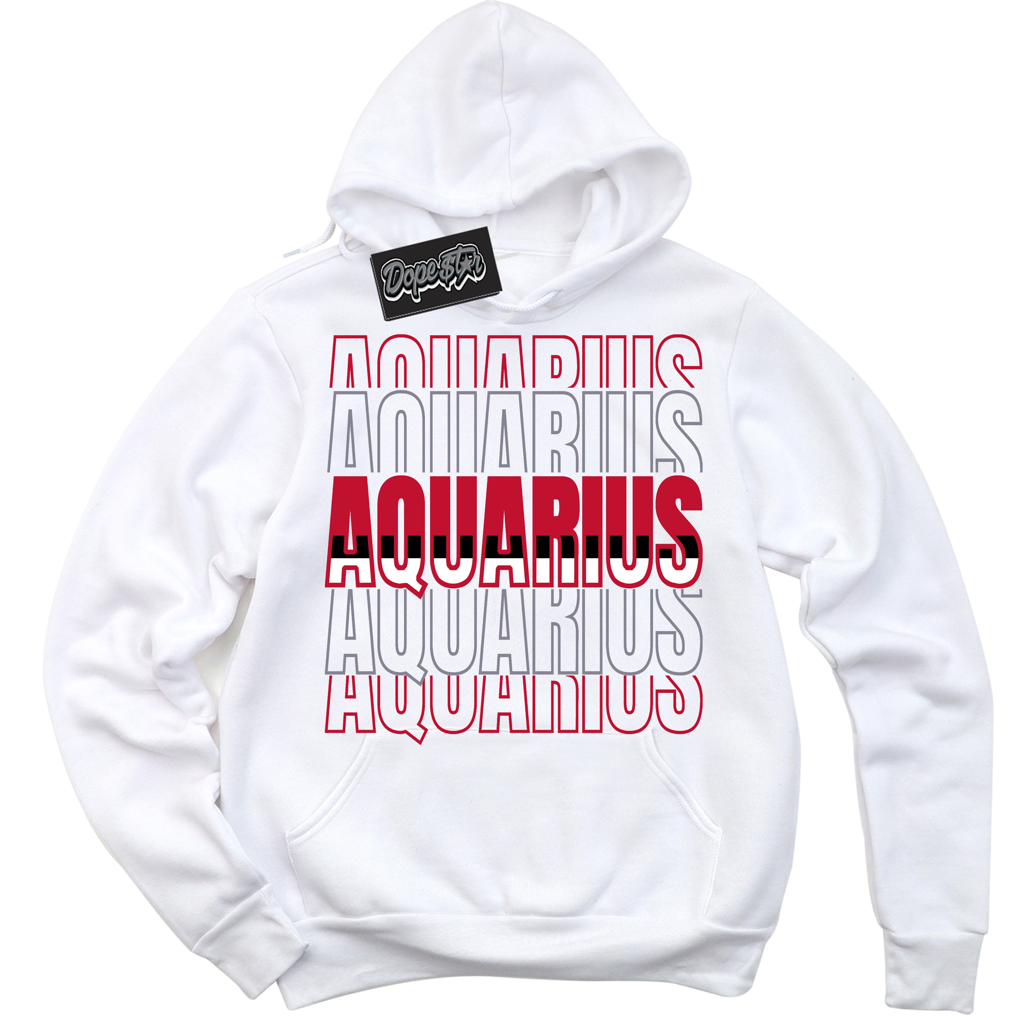 Cool White Hoodie with “ Aquarius '' design that Perfectly Matches Cement Grey Fire Red 1s Sneakers.