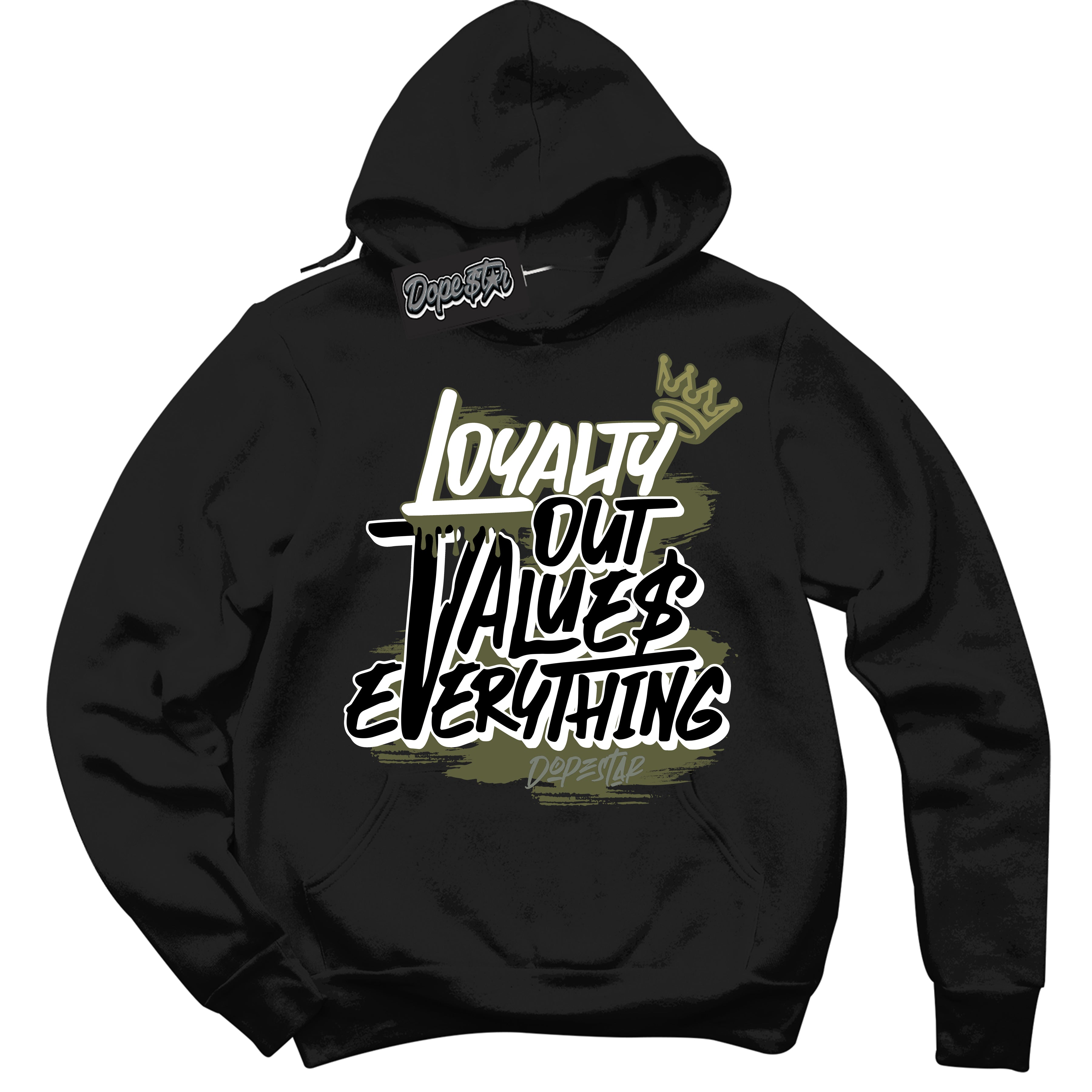 Cool Black Hoodie with “ Loyalty Out Values Everything ” design that Perfectly Matches Craft Olive 4s Sneakers.