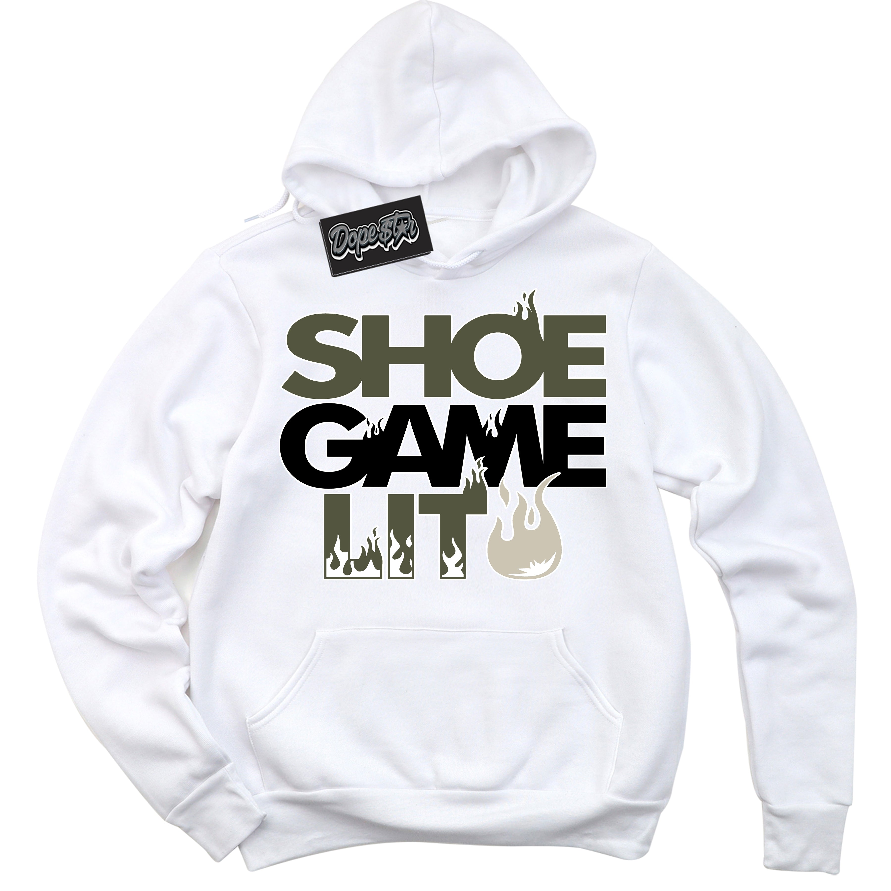 Cool White Hoodie with “ Shoe Game Lit '' design that Perfectly Matches Olive 1s Sneakers.