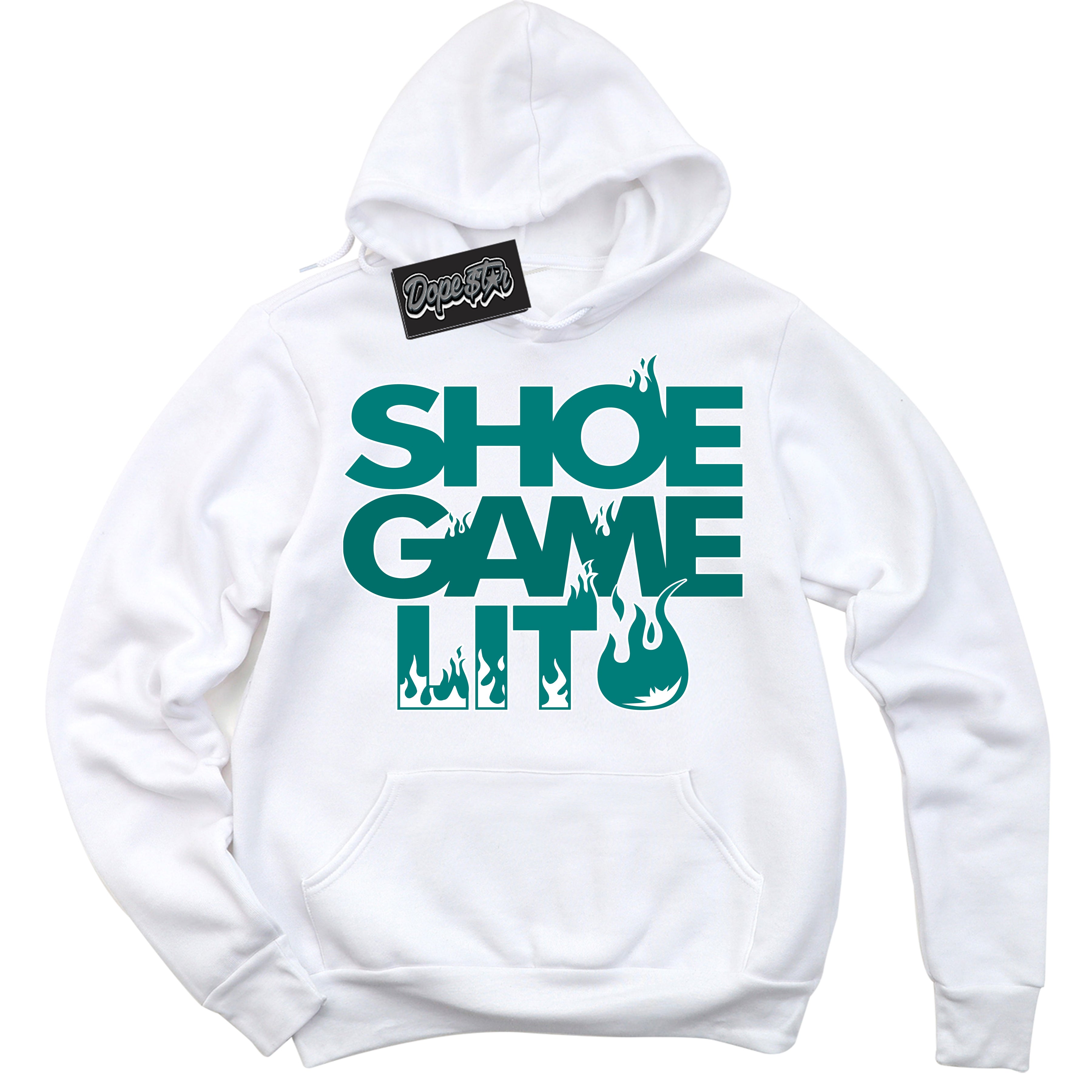 Cool White Hoodie with “ Shoe Game Lit '' design that Perfectly Matches Protro Radiant Emerald 8s Sneakers.