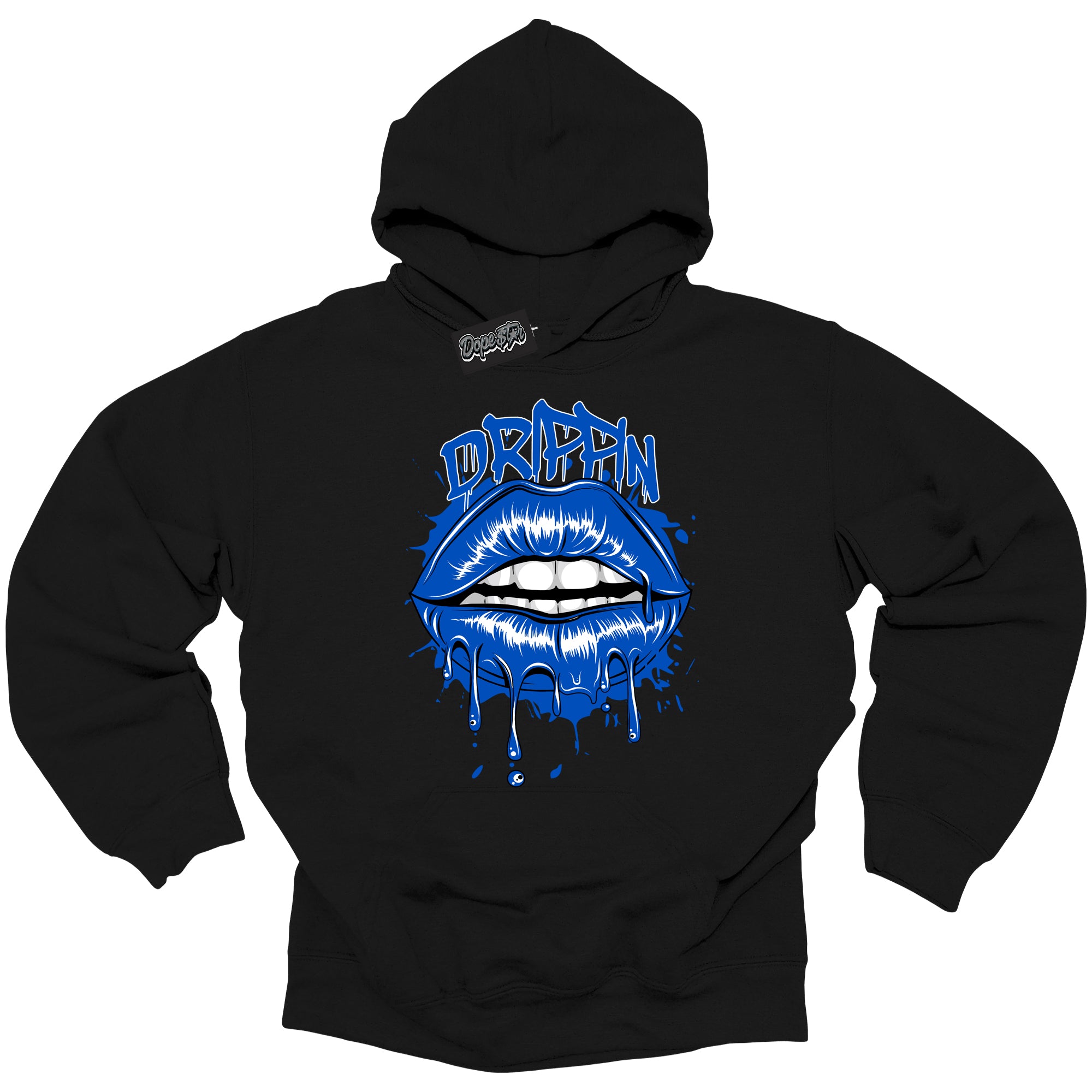 Cool Black Hoodie with “ Drippin ” design that Perfectly Matches Royal Reimagined 1s Sneakers.