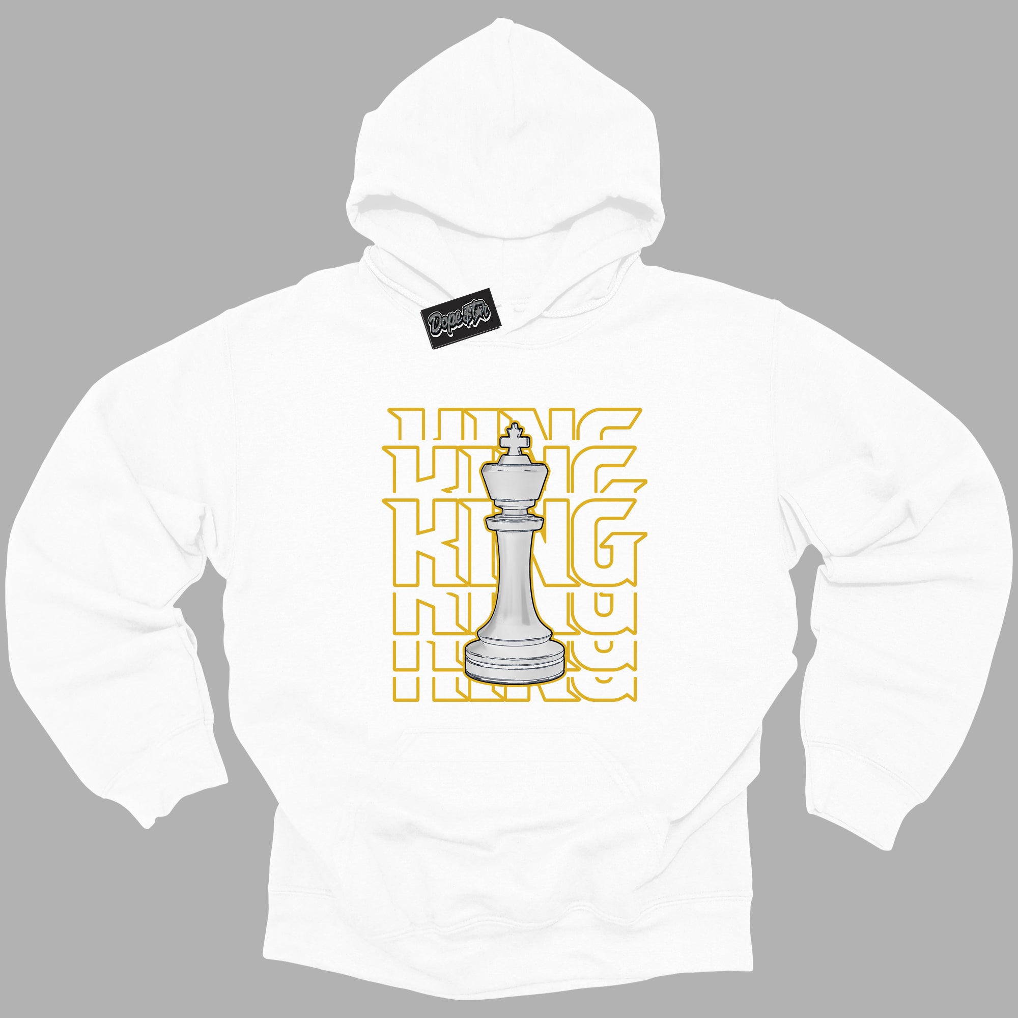 Cool White Hoodie with “ King Chess ” design that Perfectly Matches Yellow Ochre 6s Sneakers.