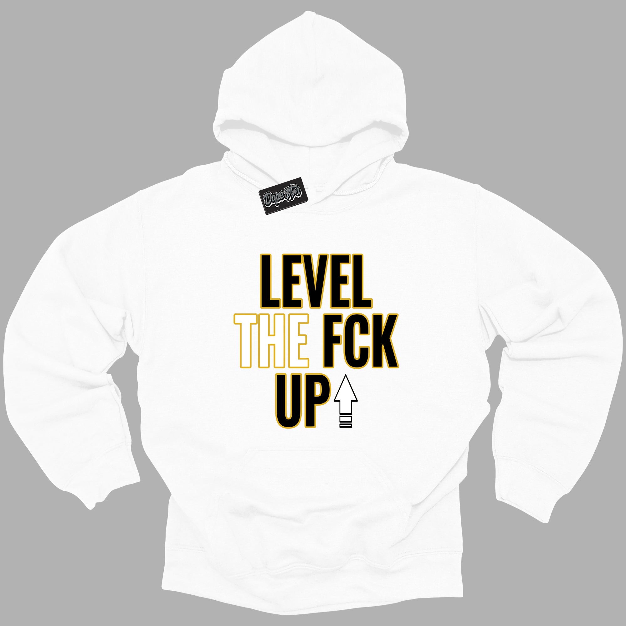 Cool White Hoodie with “ Level The Fck Up ” design that Perfectly Matches Yellow Ochre 6s Sneakers.