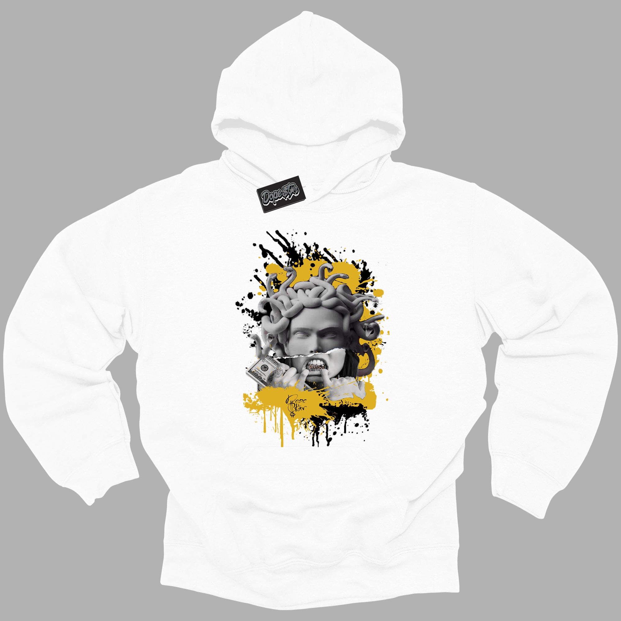 Cool White Hoodie with “ Medusa ” design that Perfectly Matches Yellow Ochre 6s Sneakers.