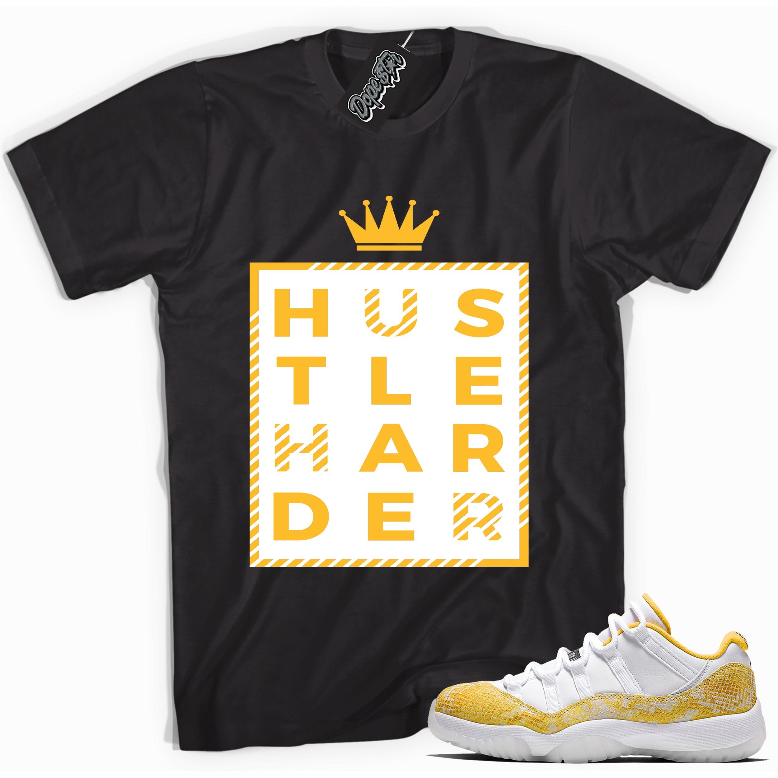 Cool black graphic tee with 'hustle harder' print, that perfectly matches Air Jordan 11 Low Yellow Snakeskin sneakers