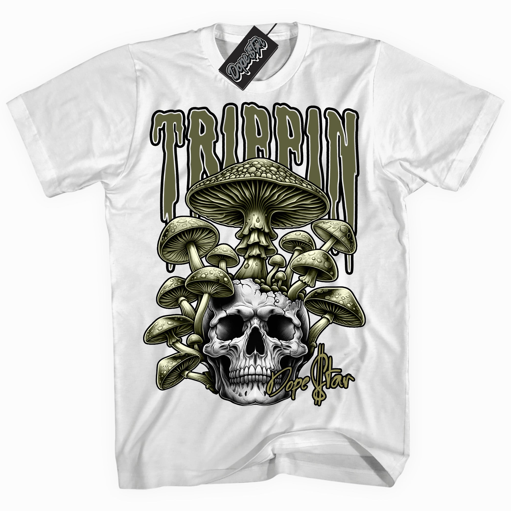 Cool White graphic tee with “ Trippin ” print, that perfectly matches Craft Olive 4s sneakers
