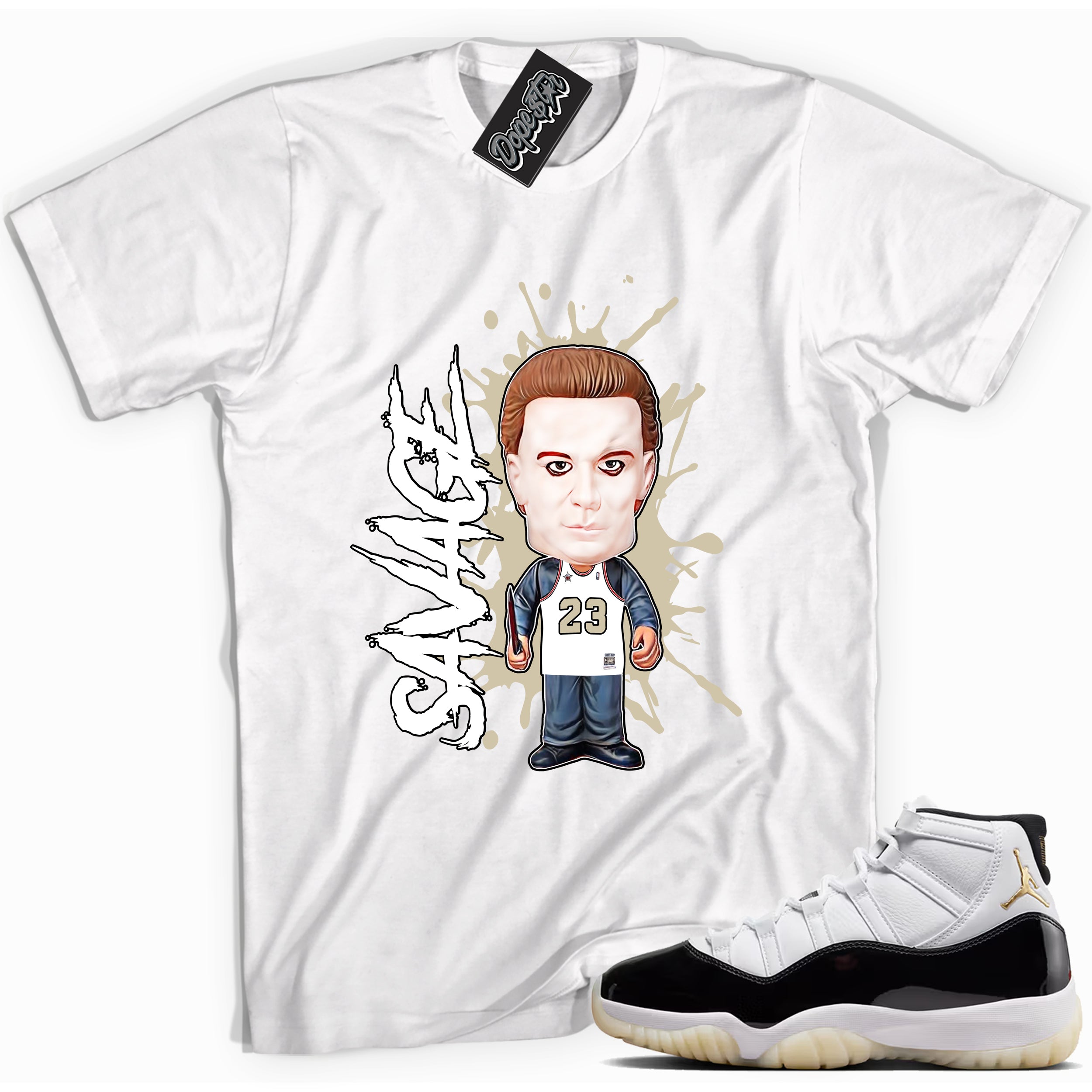 Cool White graphic tee with “ Savage ” print, that perfectly matches AIR JORDAN 11 GRATITUDE sneakers