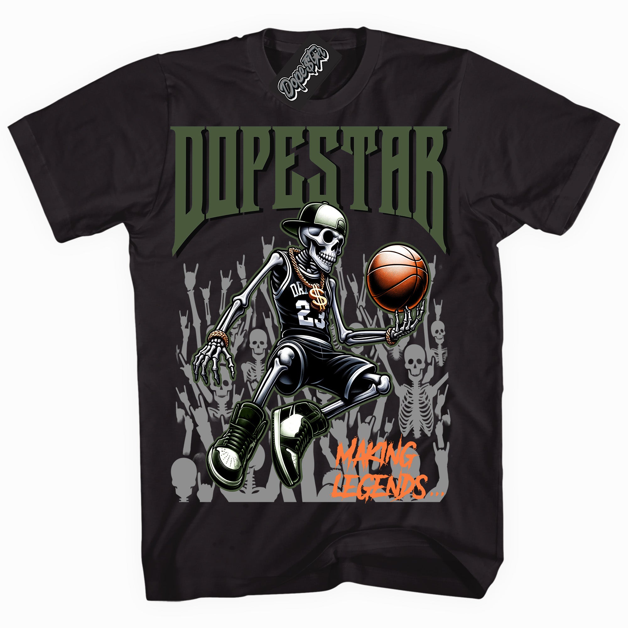 Cool Black graphic tee with “ Making Legends ” print, that perfectly matches Olive 5s sneakers