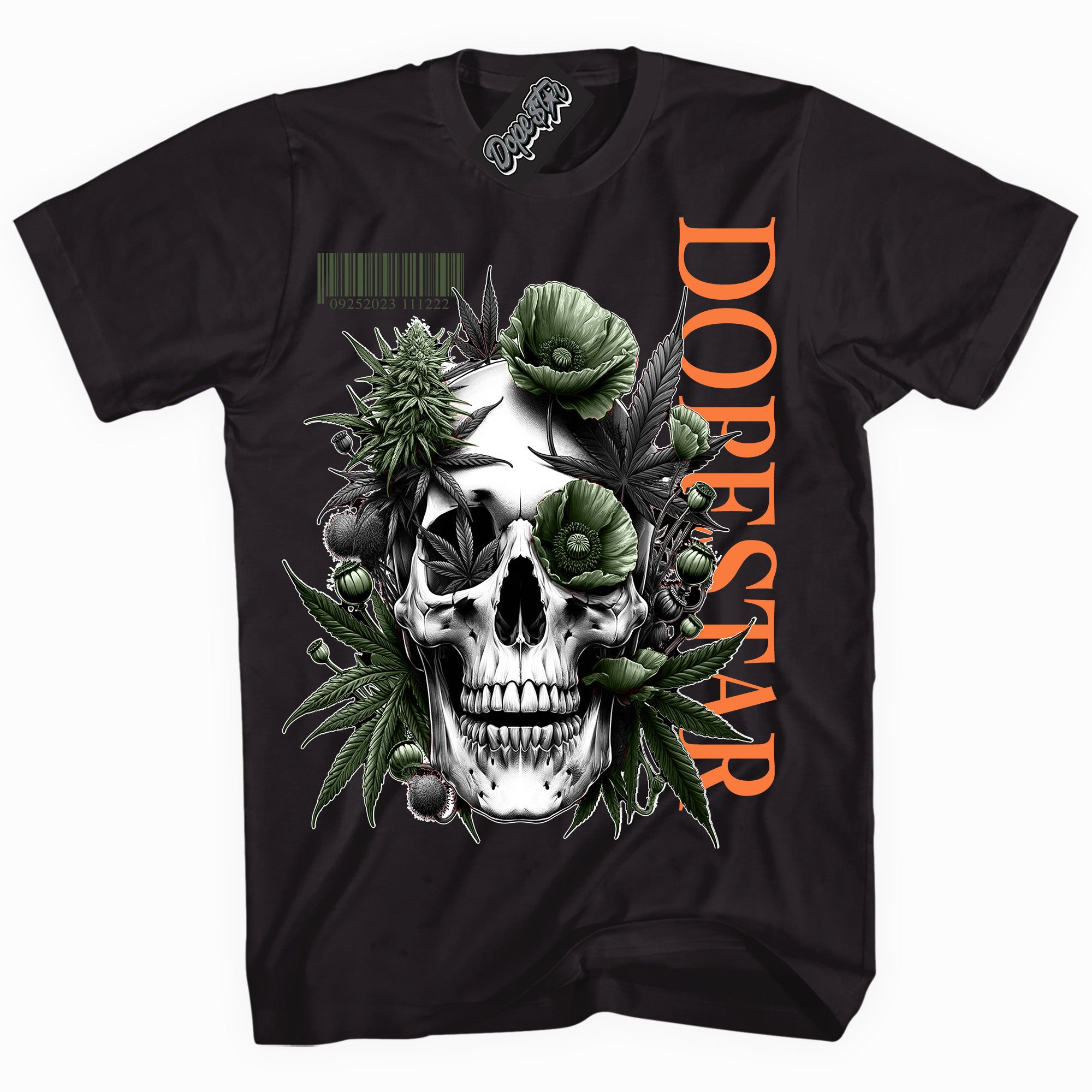 Cool Black graphic tee with “ Skull Poppies ” print, that perfectly matches Olive 5s sneakers