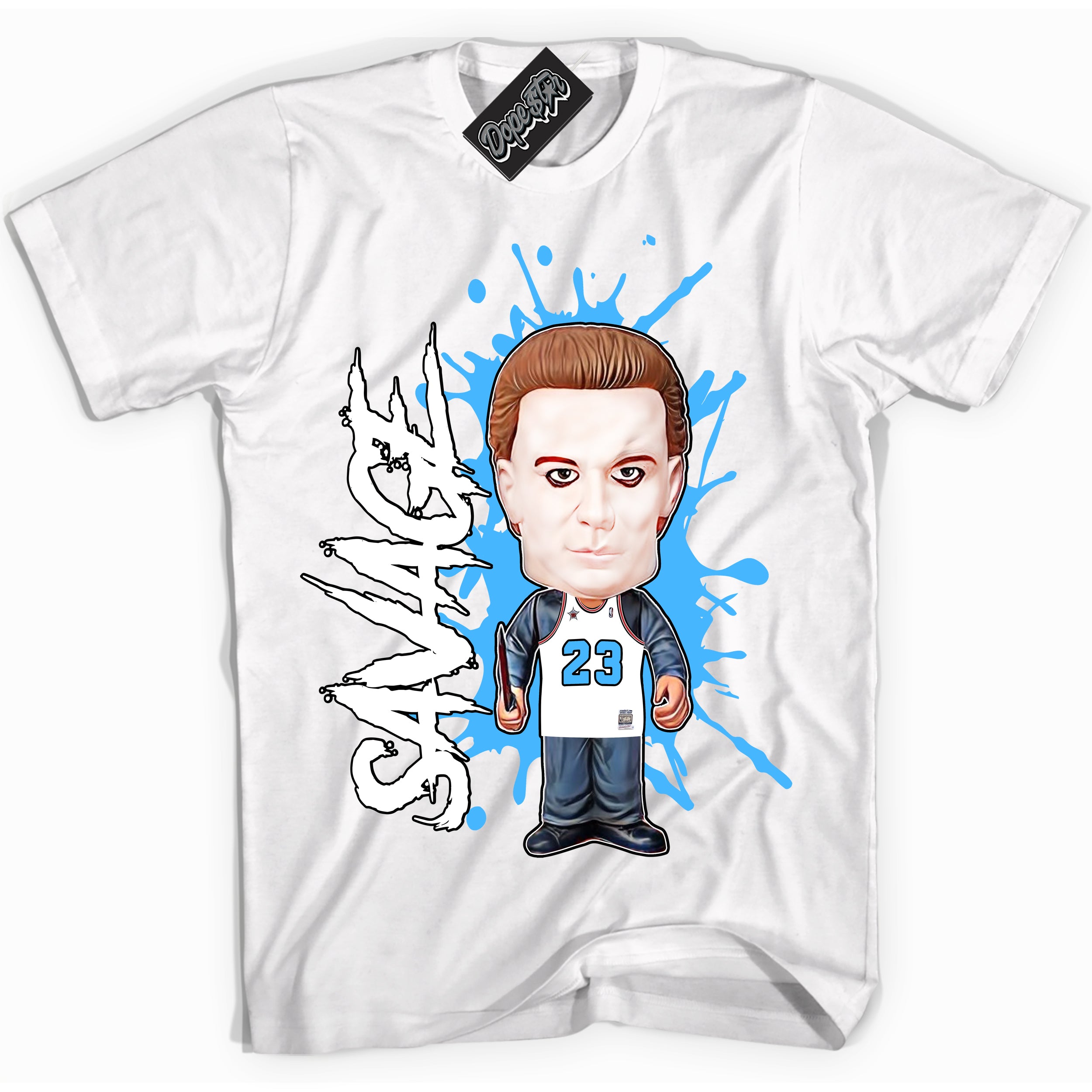 Cool White graphic tee with “ Michael Myers Savage ” design, that perfectly matches Powder Blue 9s sneakers
