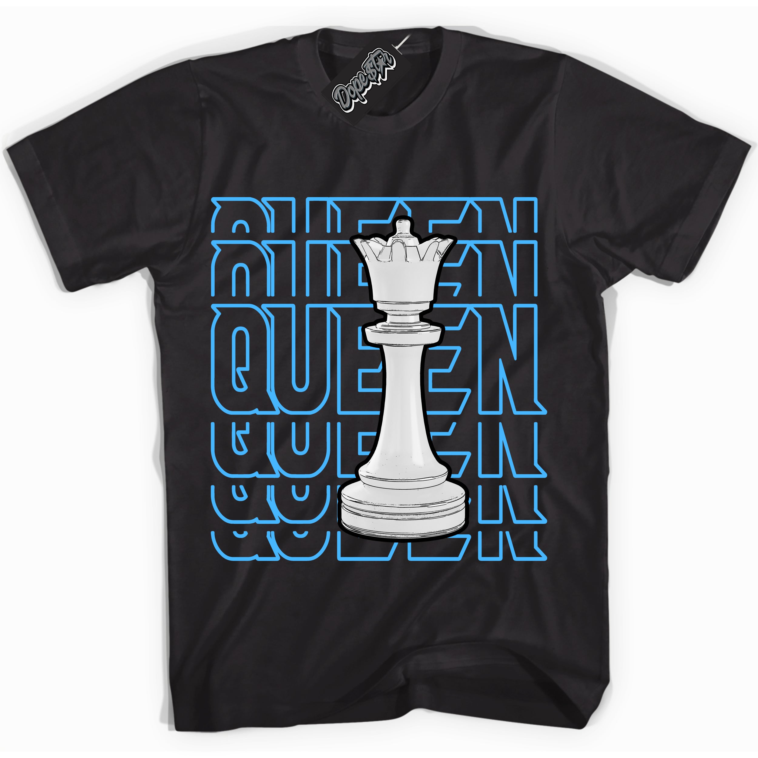 Cool Black graphic tee with “ Queen Chess ” design, that perfectly matches Powder Blue 9s sneakers