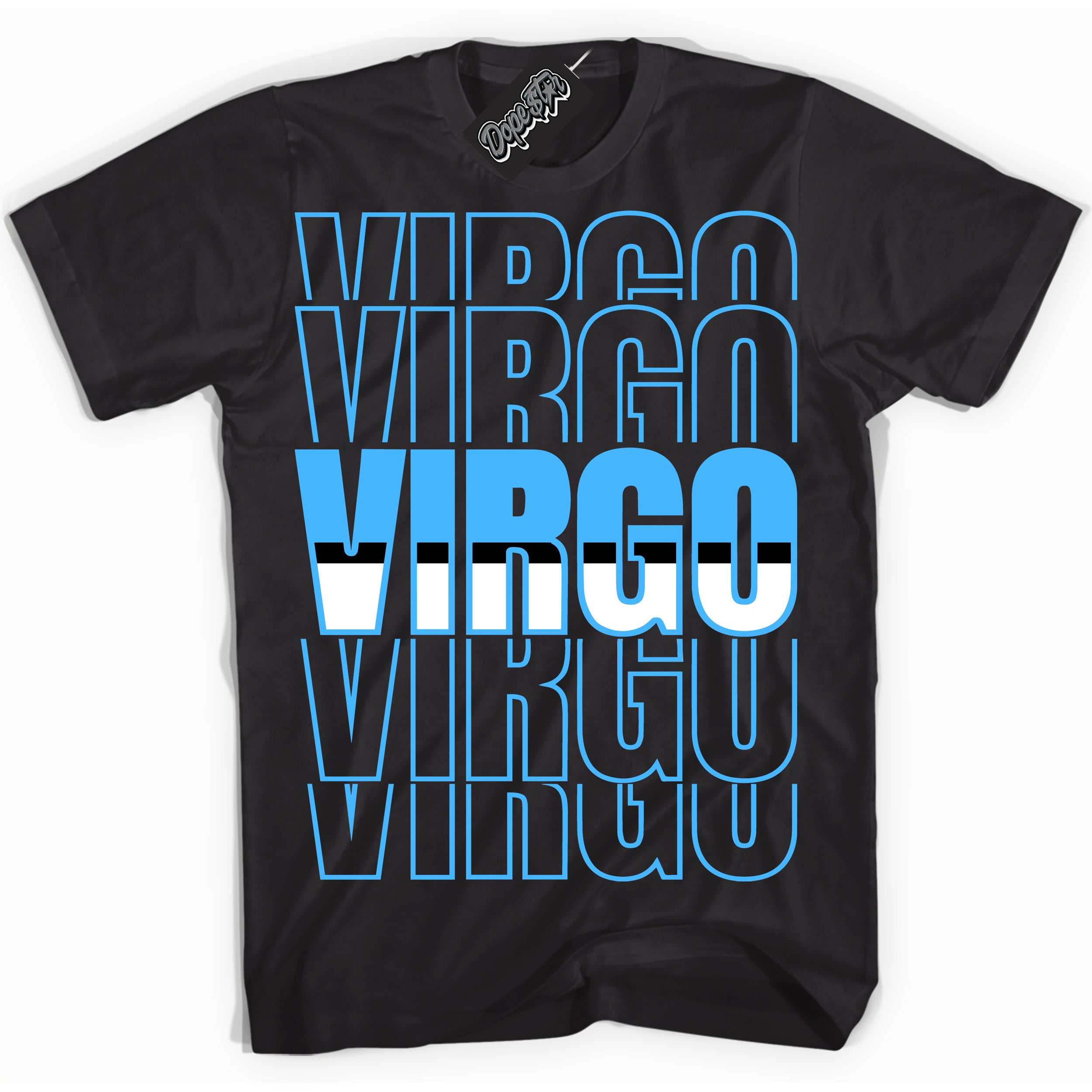 Cool Black graphic tee with “ Virgo ” design, that perfectly matches Powder Blue 9s sneakers