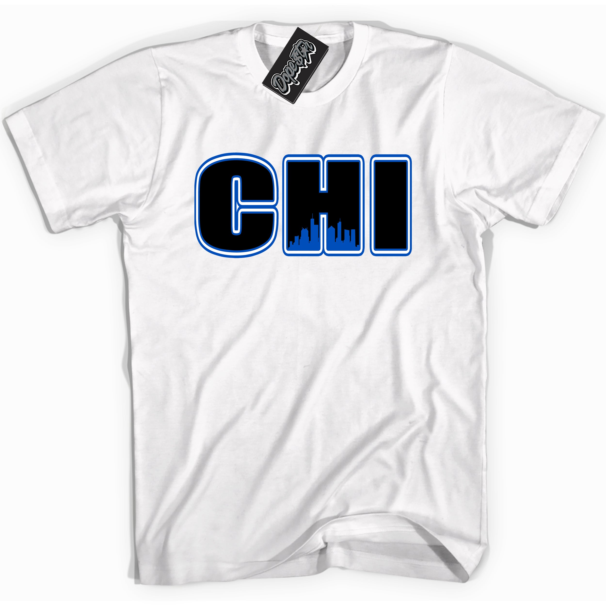 Cool White graphic tee with "Chicago" design, that perfectly matches Royal Reimagined 1s sneakers
