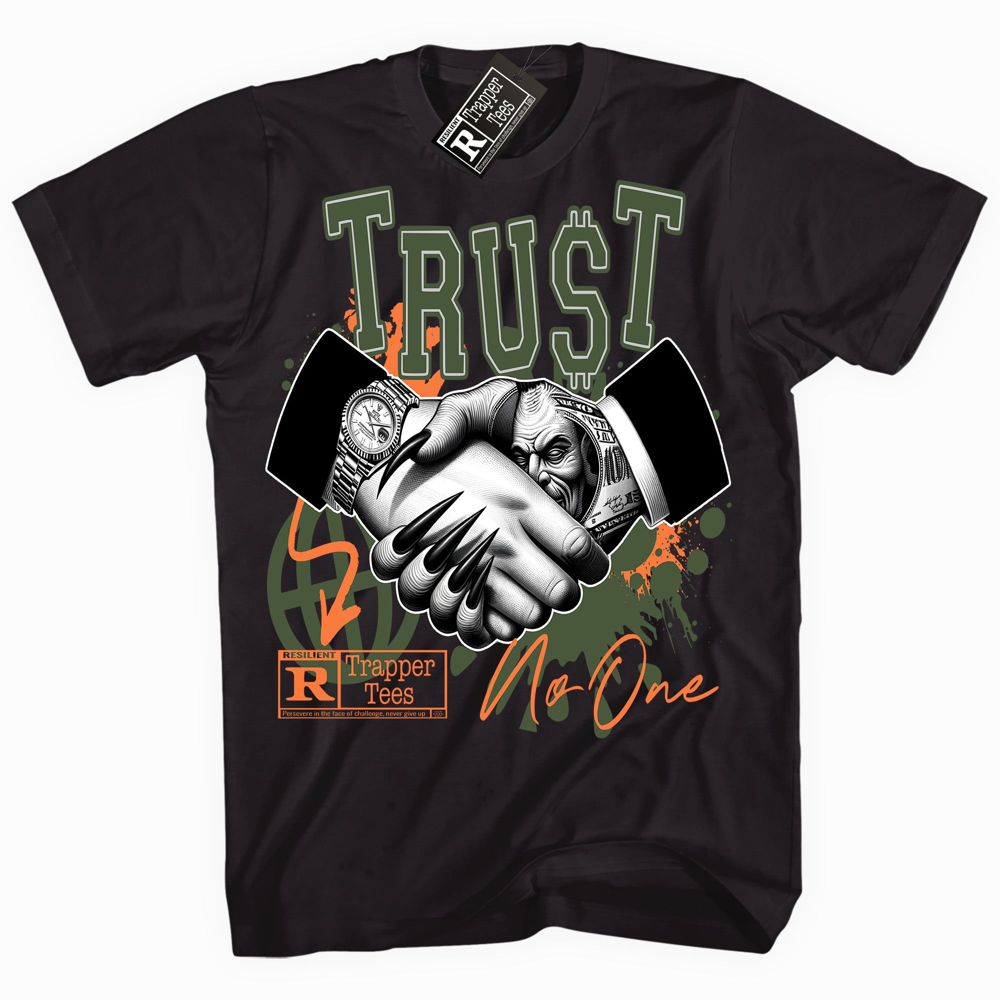 Cool Black graphic tee with “ Trust Trapper ” print, that perfectly matches Olive 5s sneakers