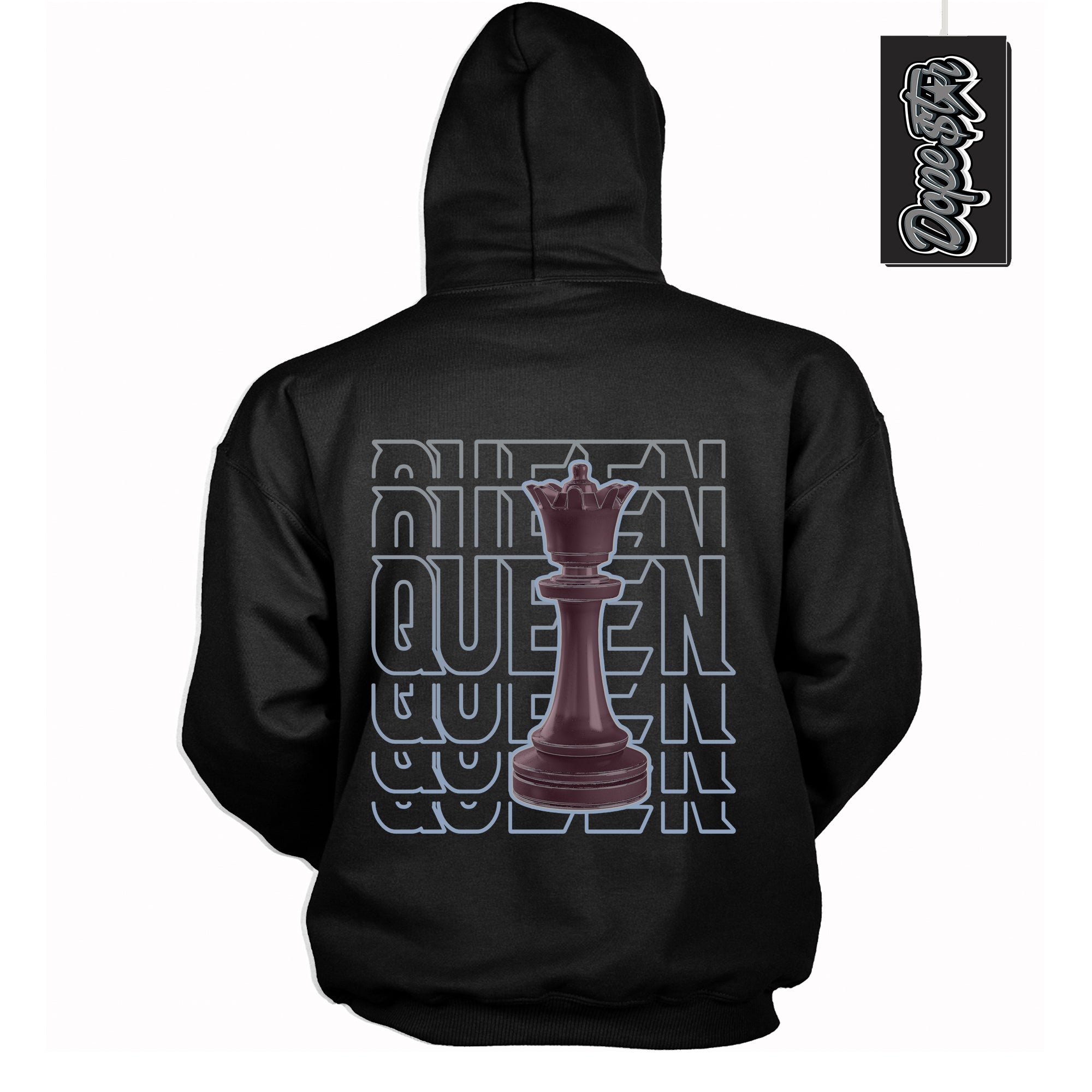 Cool Black Hoodie with “ Queen Chess ”  design that Perfectly Matches Burgundy 5s Sneakers.