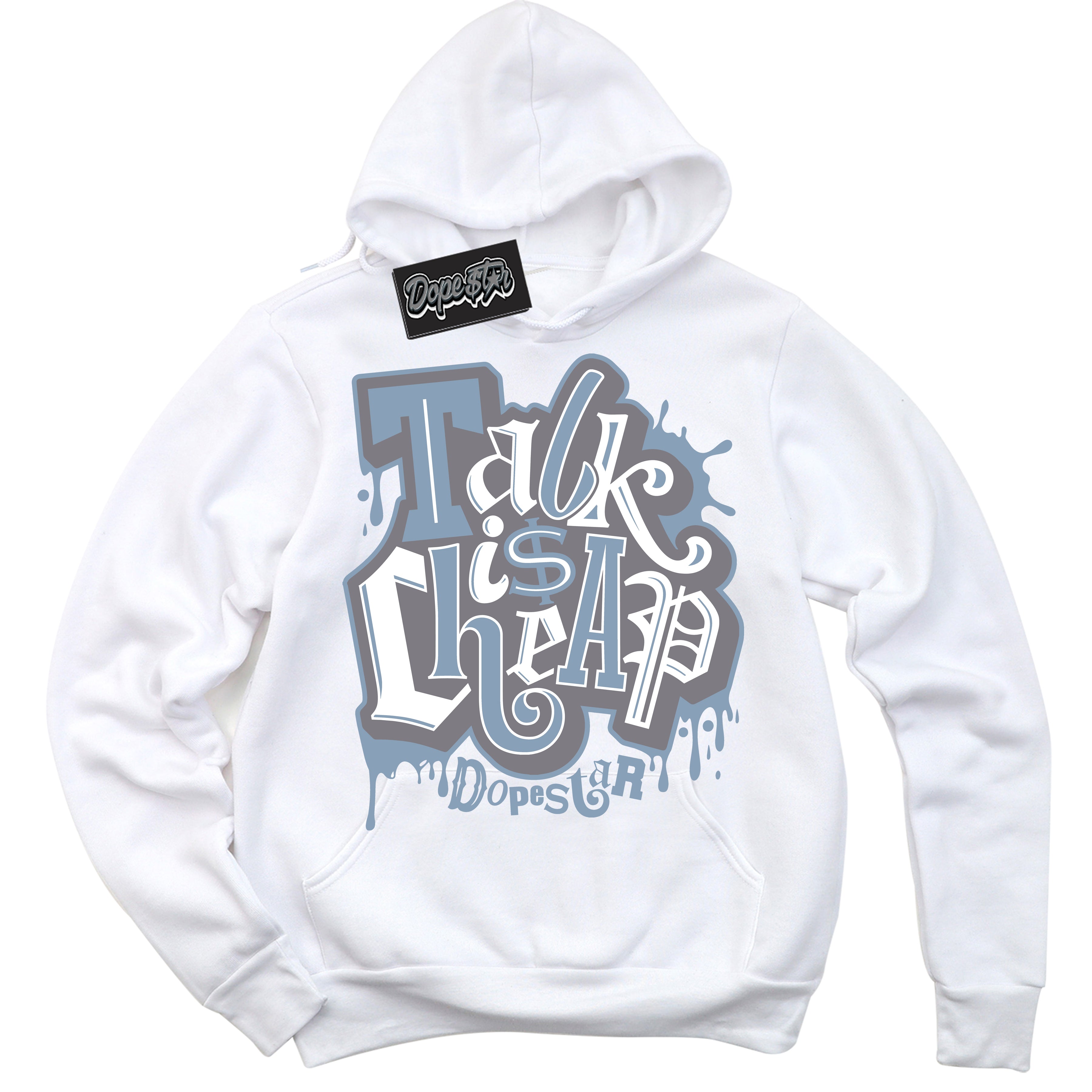 Cool White Hoodie with “ Talk Is Cheap ”  design that Perfectly Matches Cement Grey 11s Sneakers.