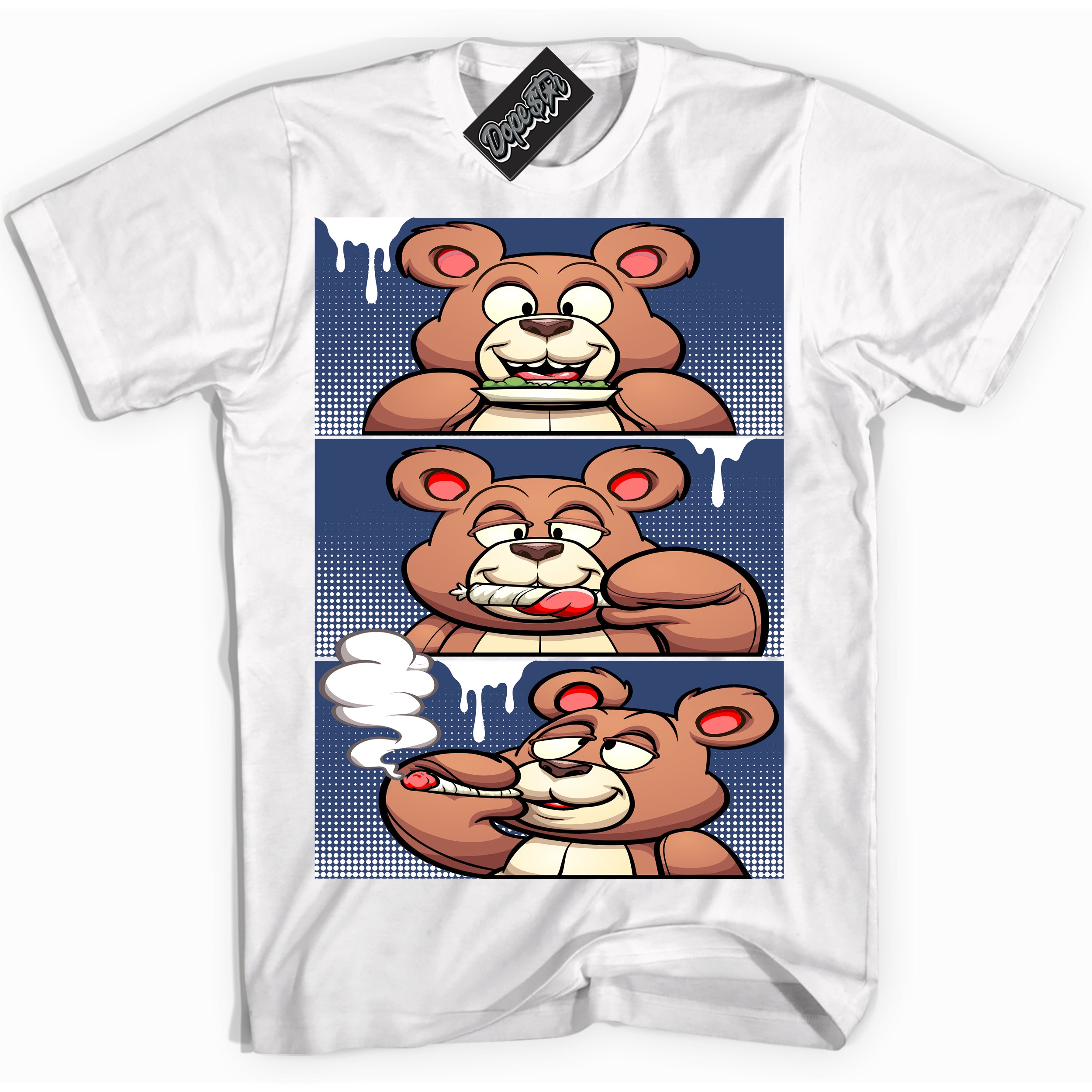 Cool White Shirt with “ Roll It Lick It Smoke It Bear ” design that perfectly matches Diffused Blue 11s Jordans.